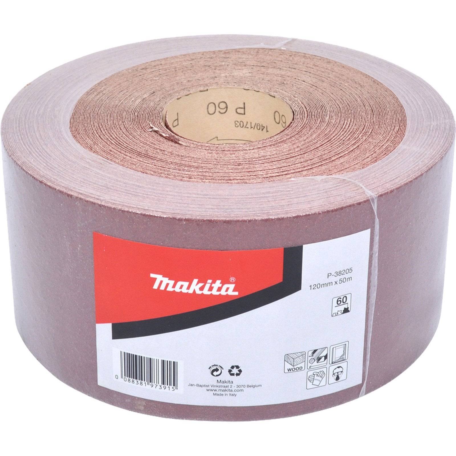 Eine große Rolle Makita-Schleifpapier, 120 mm x 50 m, Körnung 60. Das Etikett zeigt Produktspezifikationen, Barcodes und Sicherheitssymbole.