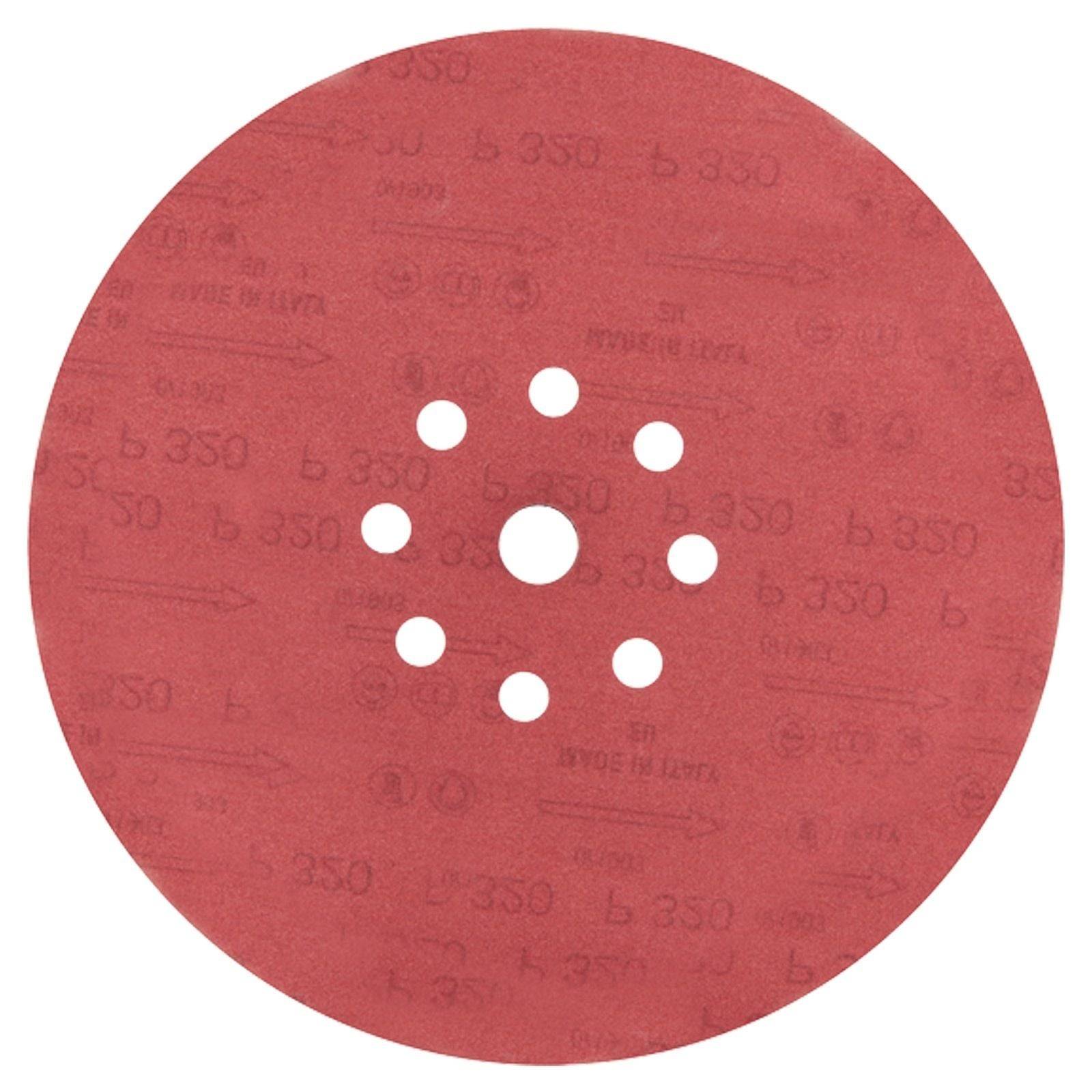 Eine rote, kreisförmige Schleifpapierscheibe mit mehreren kleinen, gleichmäßig um das Zentrum verteilten Löchern.