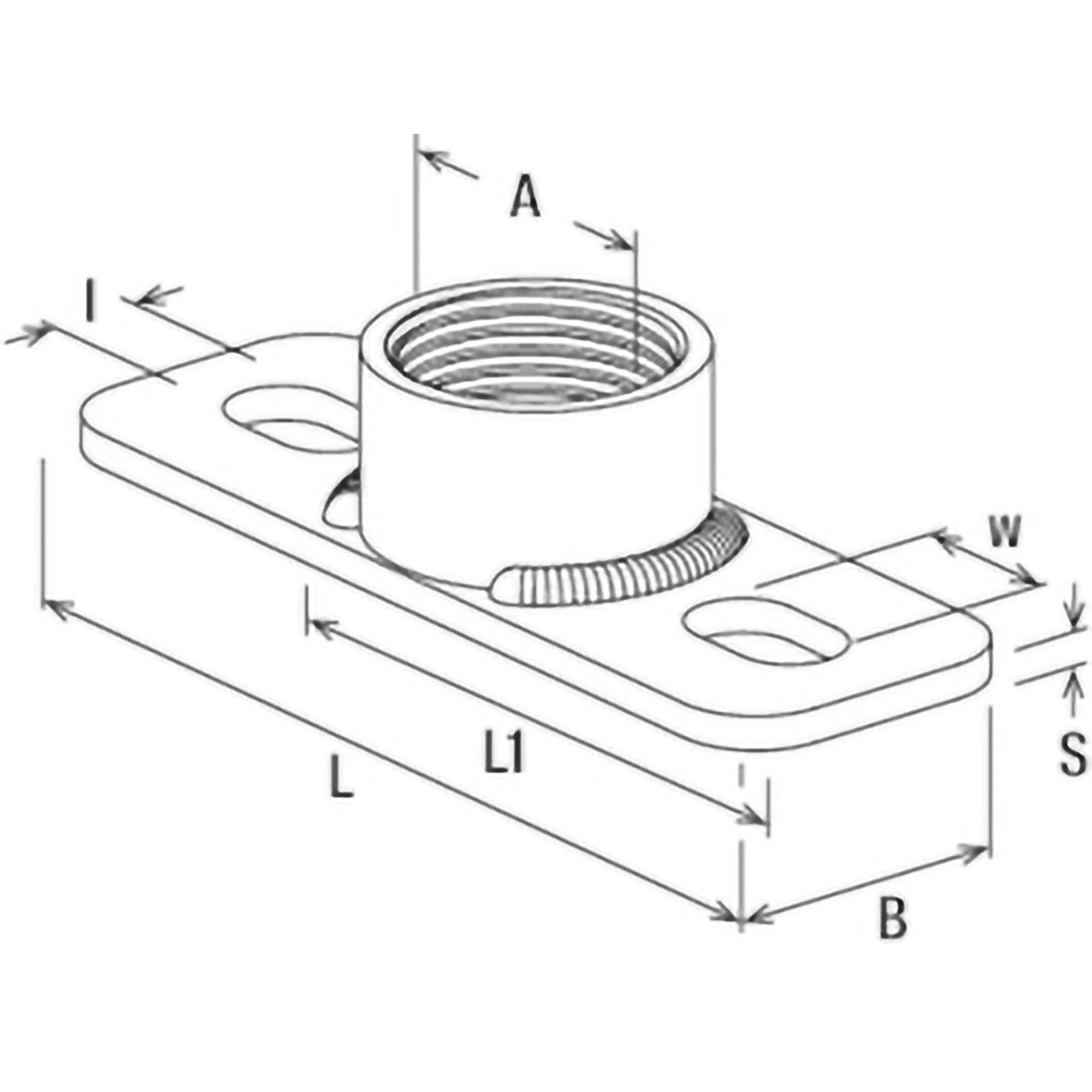 Technische Zeichnung einer Gewindeeinsatz-Grundplatte mit beschrifteten Abmessungen: A, B, L, L1, S, W und I. Pfeile zeigen die Maße an.