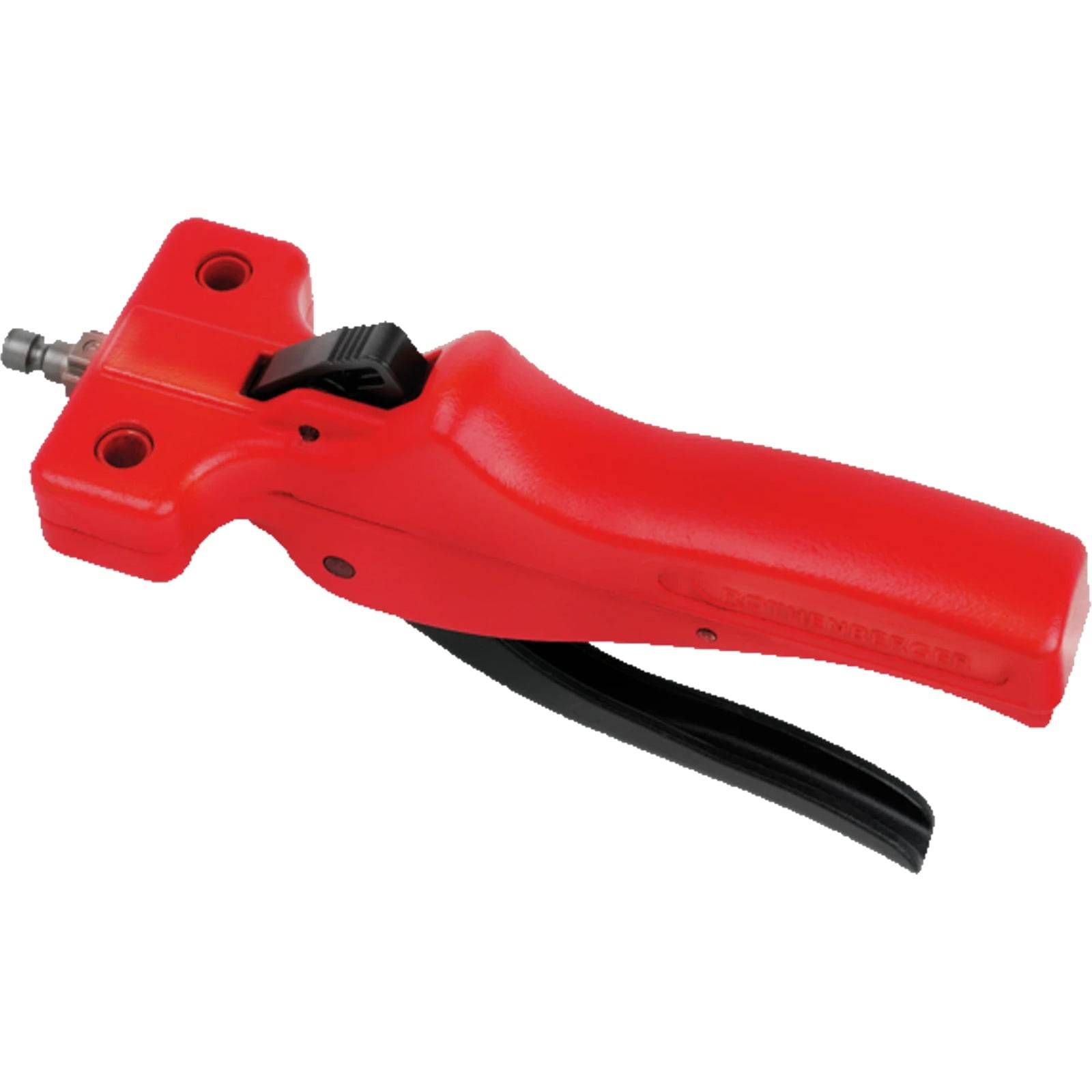 Rote Handnietzange aus Kunststoff mit schwarzem Griff, verwendet zum Verbinden von Materialien durch das Setzen von Nieten.