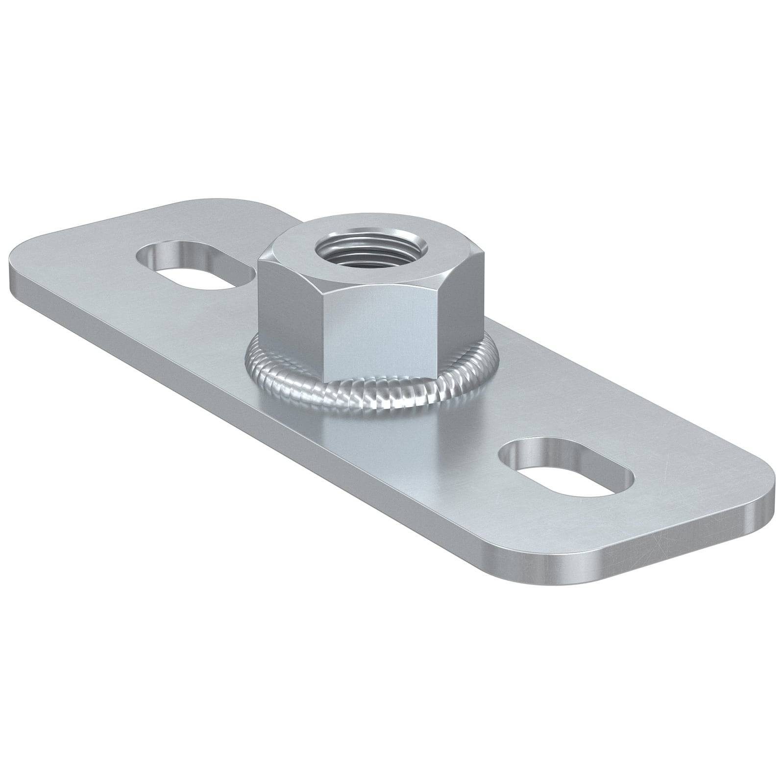 Eine Stahlmontageplatte mit einer angeschweißten Sechskantnuss in der Mitte, die zwei längliche Löcher zur Befestigung aufweist.