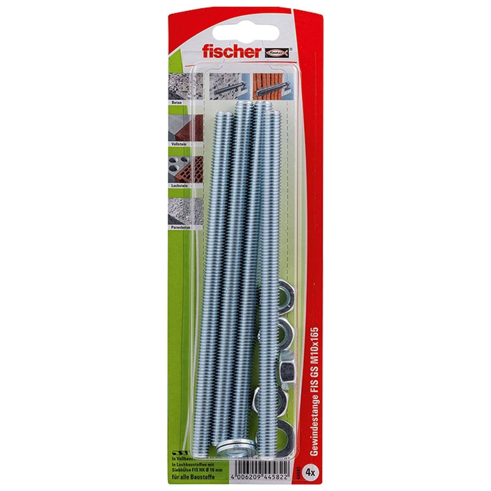 Fischer Schraubensatz in Verpackung, enthält 4 Schrauben mit Unterlegscheiben für verschiedene Oberflächen. In Deutschland hergestellt, geeignet für sichere Befestigung.