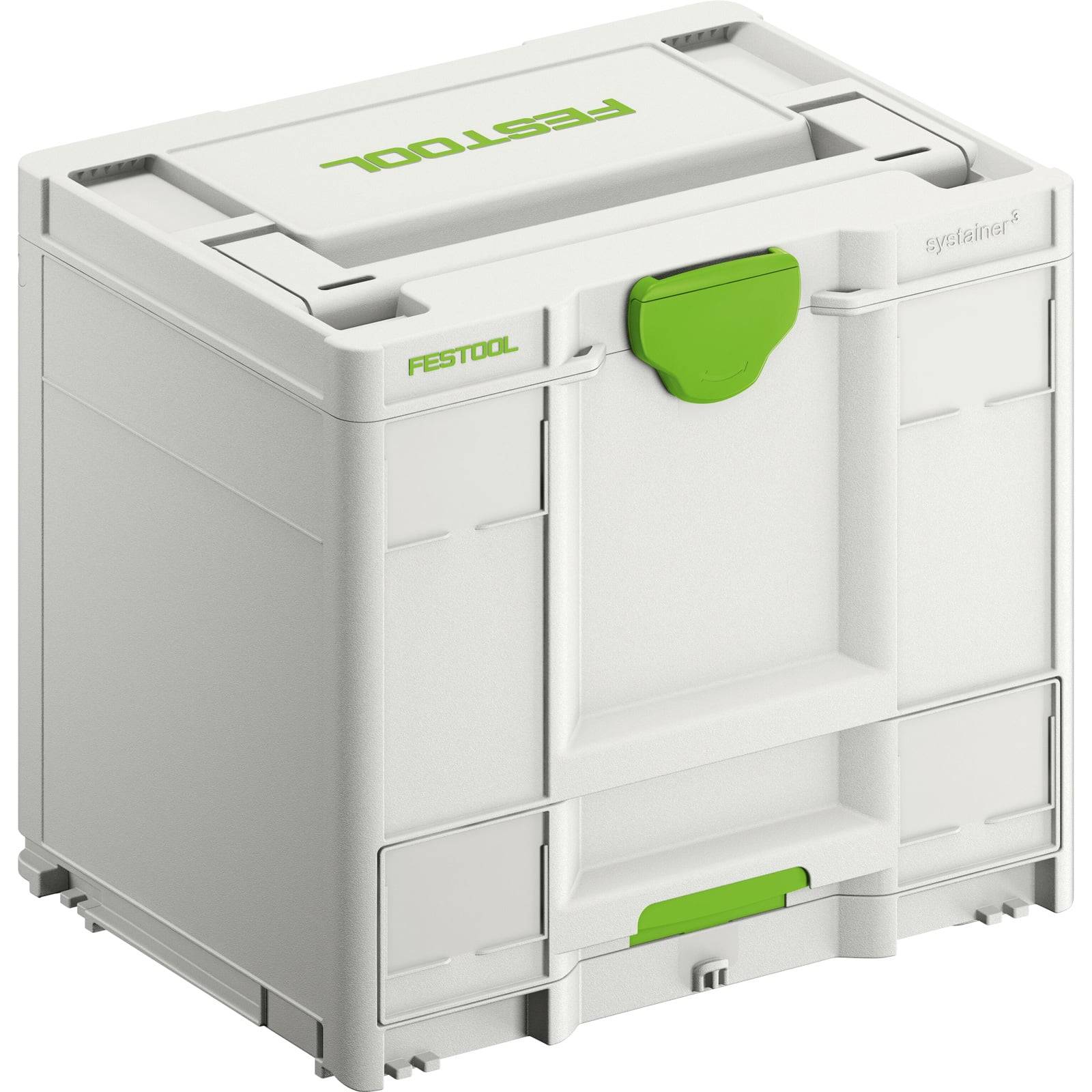 Eine weiße Festool Systainer Werkzeugbox mit grünen Griffen und Branding, zum Organisieren und Transportieren von Werkzeugen und Zubehör.