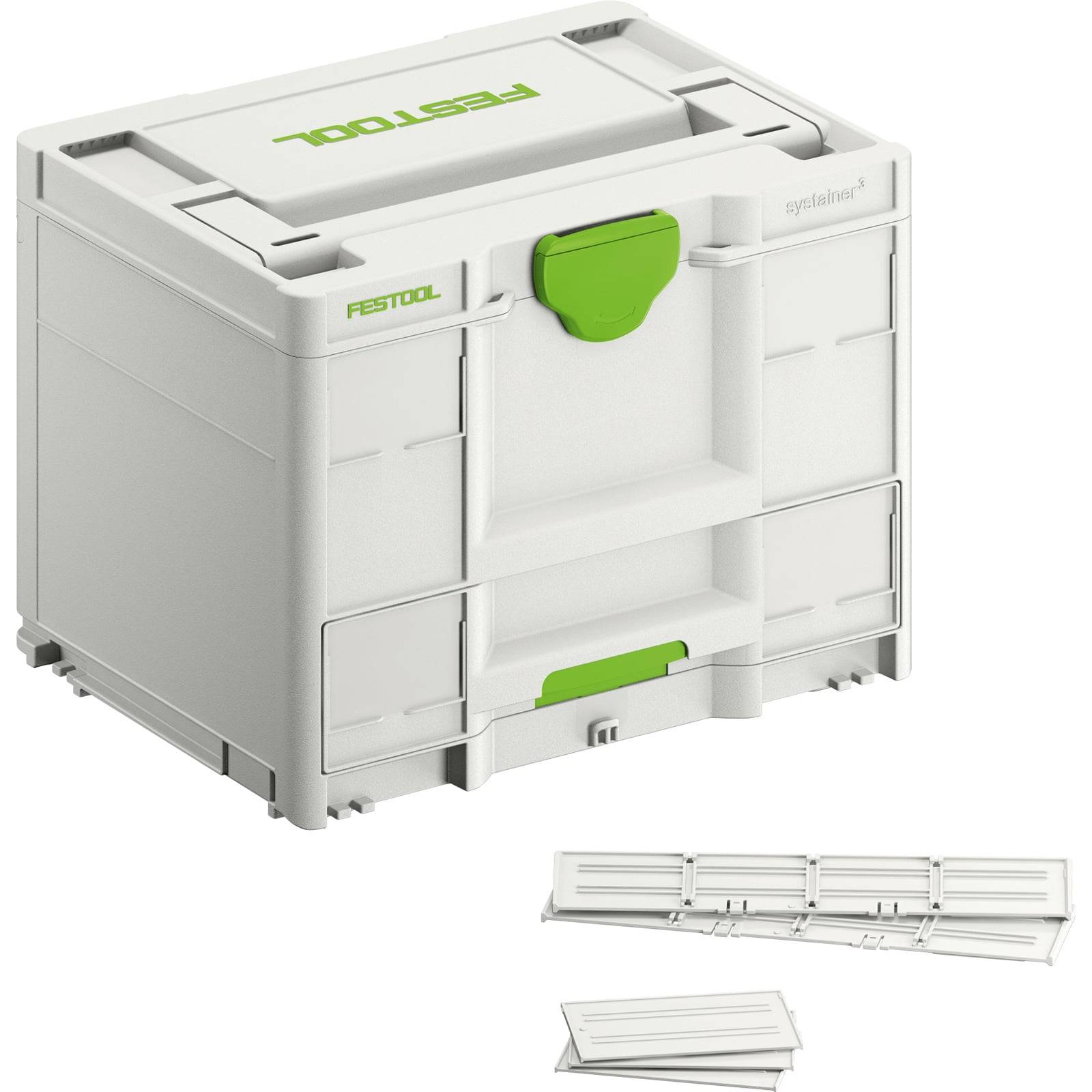 Festool Systainer³ Werkzeugaufbewahrungsbox mit weißen und grünen Akzenten. Kompaktes, robustes Design zur Organisierung von Werkzeugen und Zubehör.
