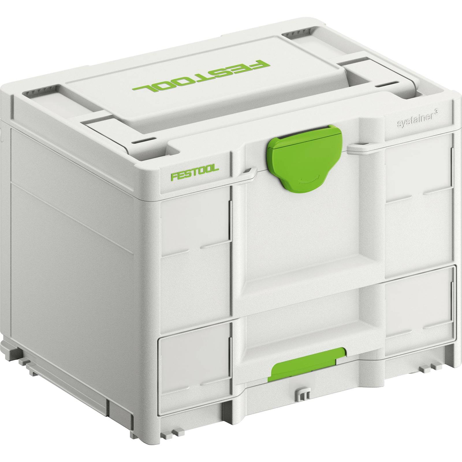 Eine Festool Systainer Organisationsbox mit weißem Gehäuse und grünem Verschlusshebel, konzipiert für die Werkzeuglagerung und einfachen Transport.