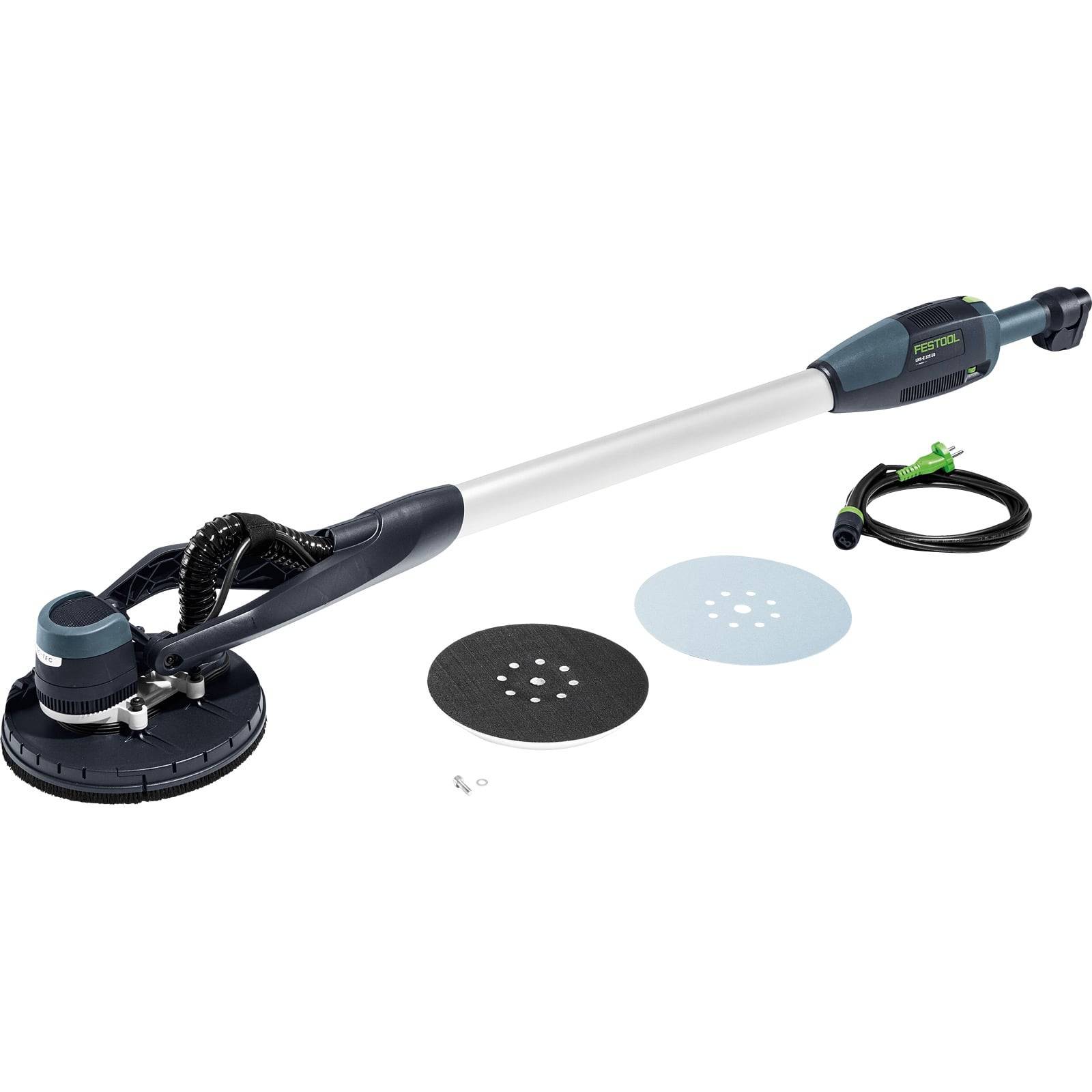 Elektrischer Trockenbauschleifer mit einem Teleskopgriff, Schleifscheiben, einem Schlauch und einem Schraubenschlüssel, der zum Glätten von Wandoberflächen verwendet wird.