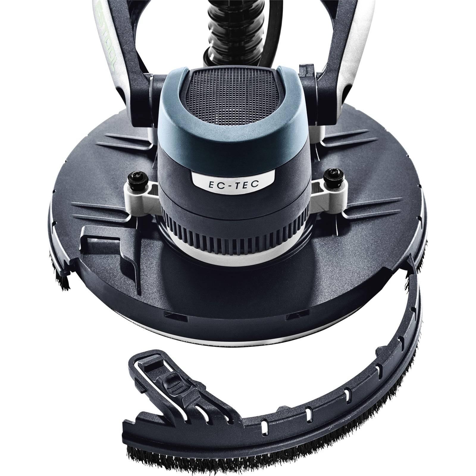 Eine runde industrielle Bodenschleifmaschine mit blauem Gehäuse und abnehmbarem Bürstenkopf, gekennzeichnet mit 'EC-TEC', die für effizientes Bodenschleifen entwickelt wurde.