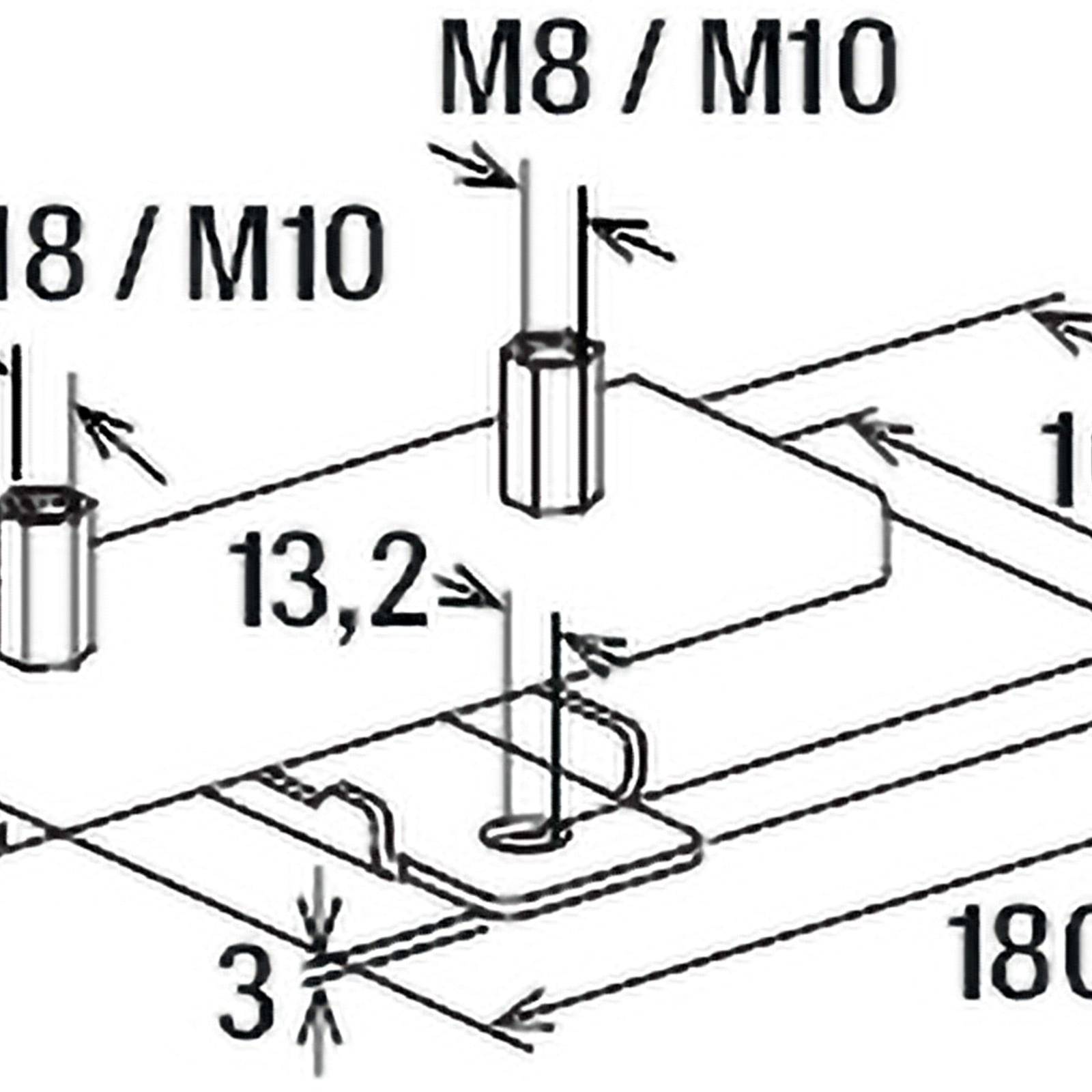 Diagramm zur Darstellung der Abmessungen und Befestigungspunkte für einen Haltewinkel: M8/M10-Schrauben, 13,2 mm Abstand, 180 mm Breite, 3 mm Dicke.