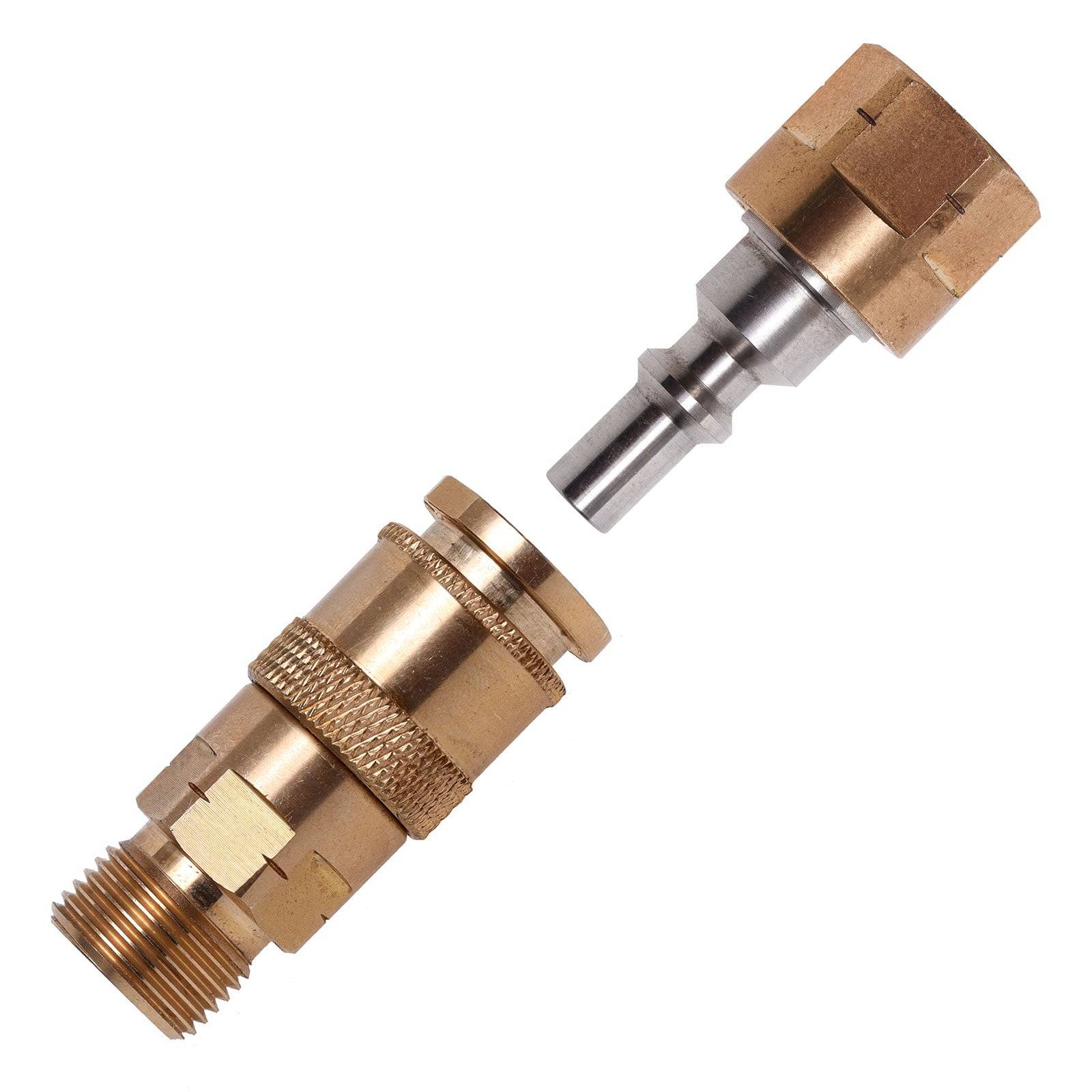 Schnellkupplung aus Messing mit männlichem und weiblichem Bauteil, getrennt dargestellt, für eine sichere und einfache Verbindung konzipiert.