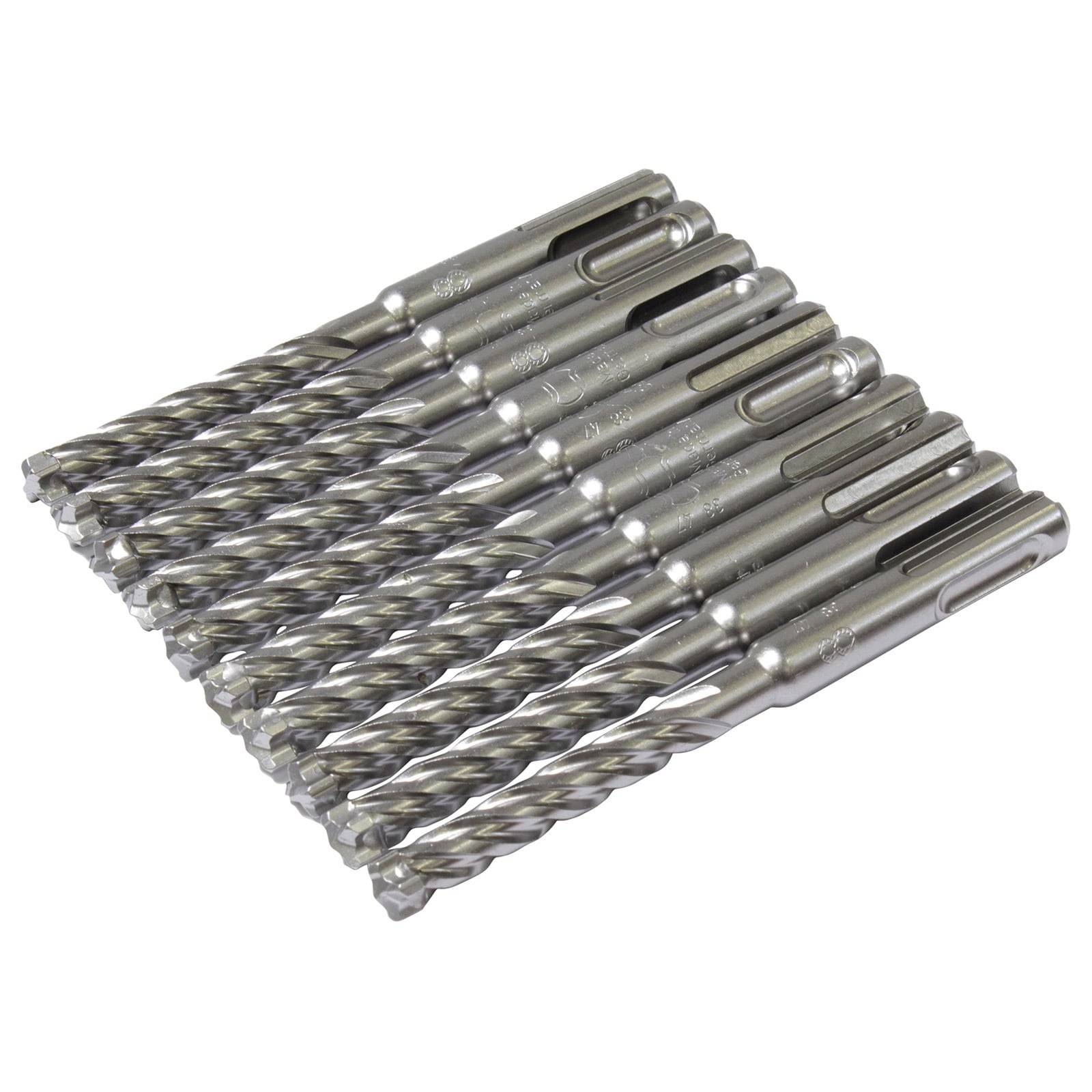 Ein Satz von zehn silbernen Metallbohrern, jeder mit einem spiralförmigen Design, in paralleler Ausrichtung angeordnet.