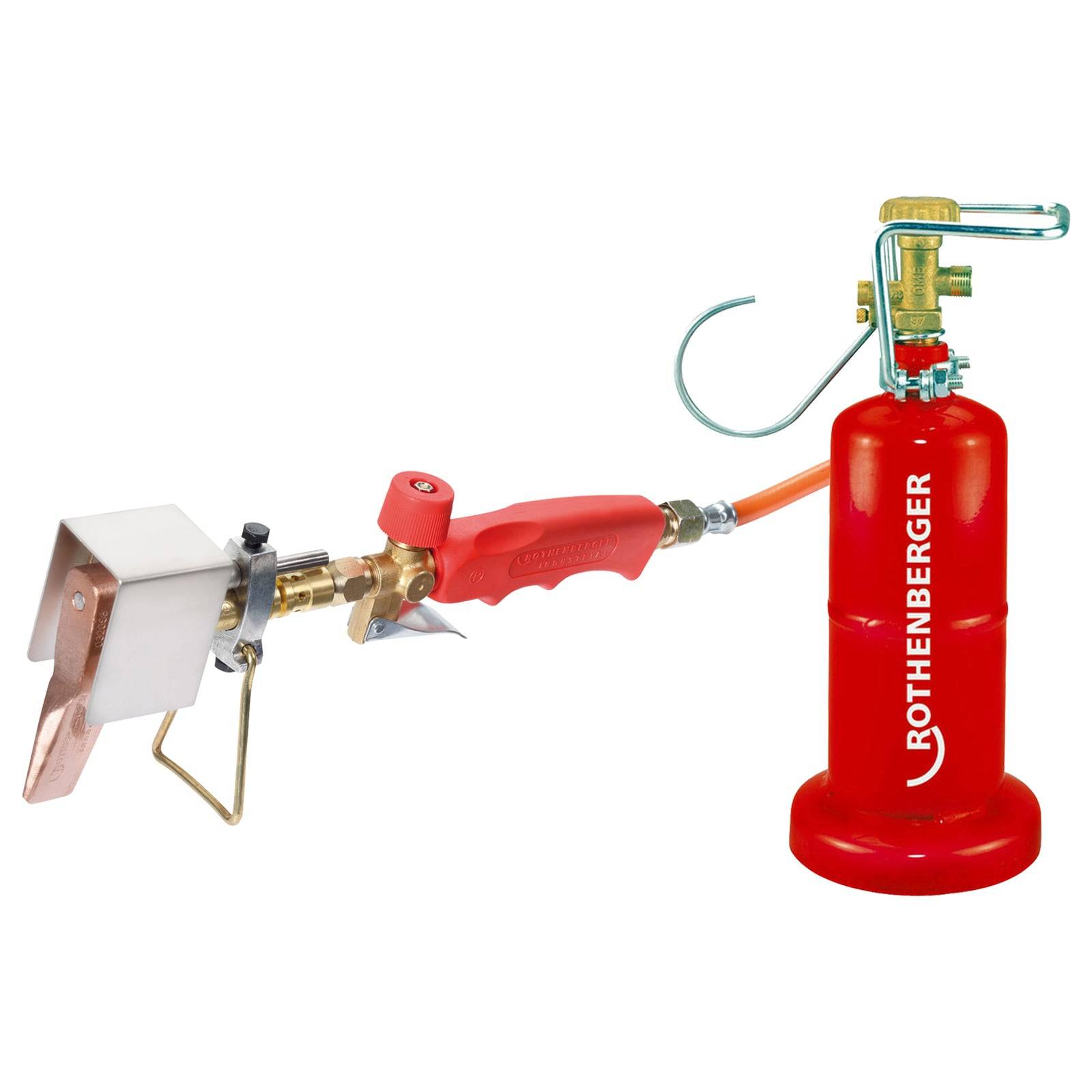 Rothenberger-Markierung auf einem roten Brenner mit angeschlossenem Schlauch und breiter Flammenspitze, verwendet für industrielle Heizanwendungen.