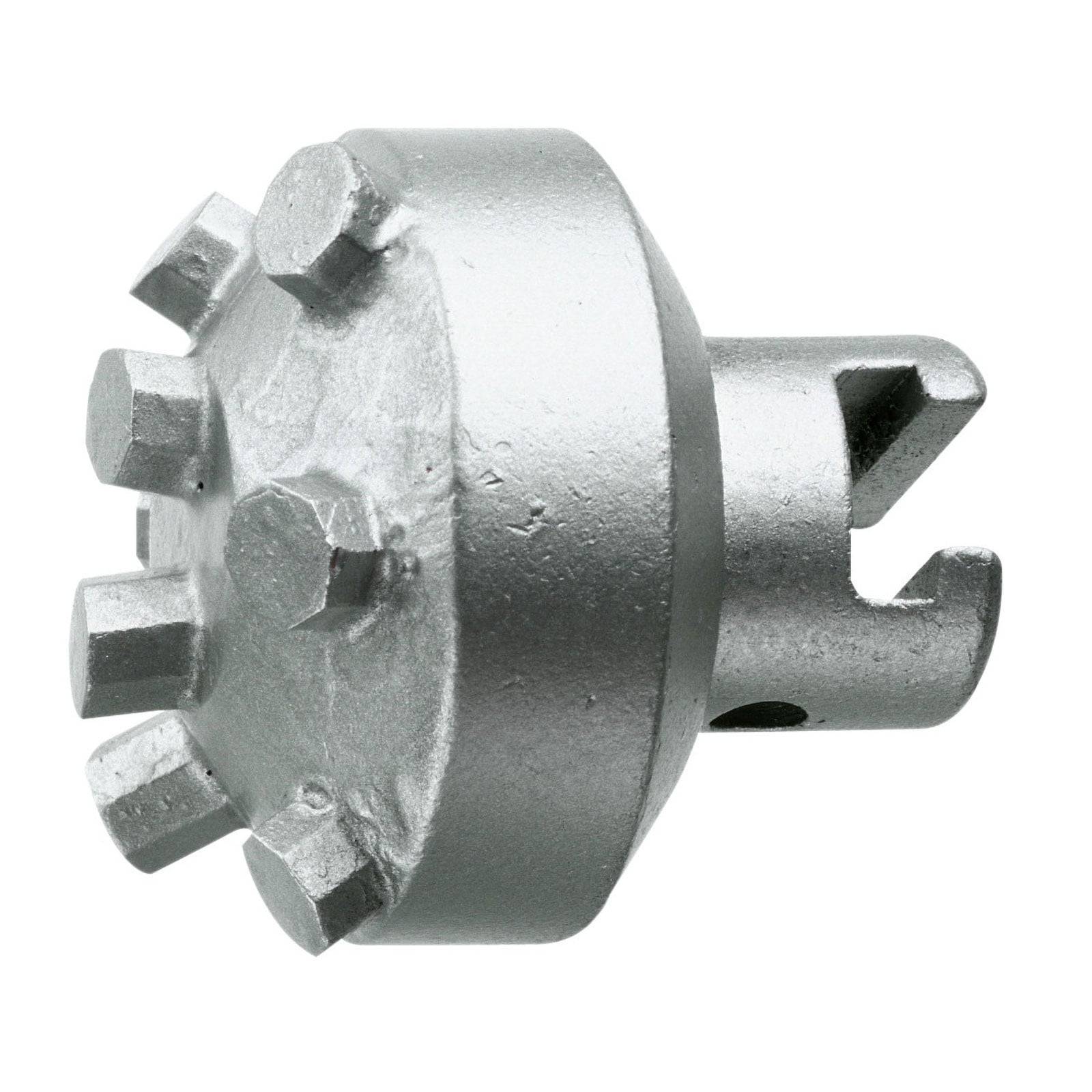 Ein zylindrischer metallischer Werkzeugkopf mit einer flachen Vorderseite und sechs erhabenen sechseckigen Vorsprüngen.
