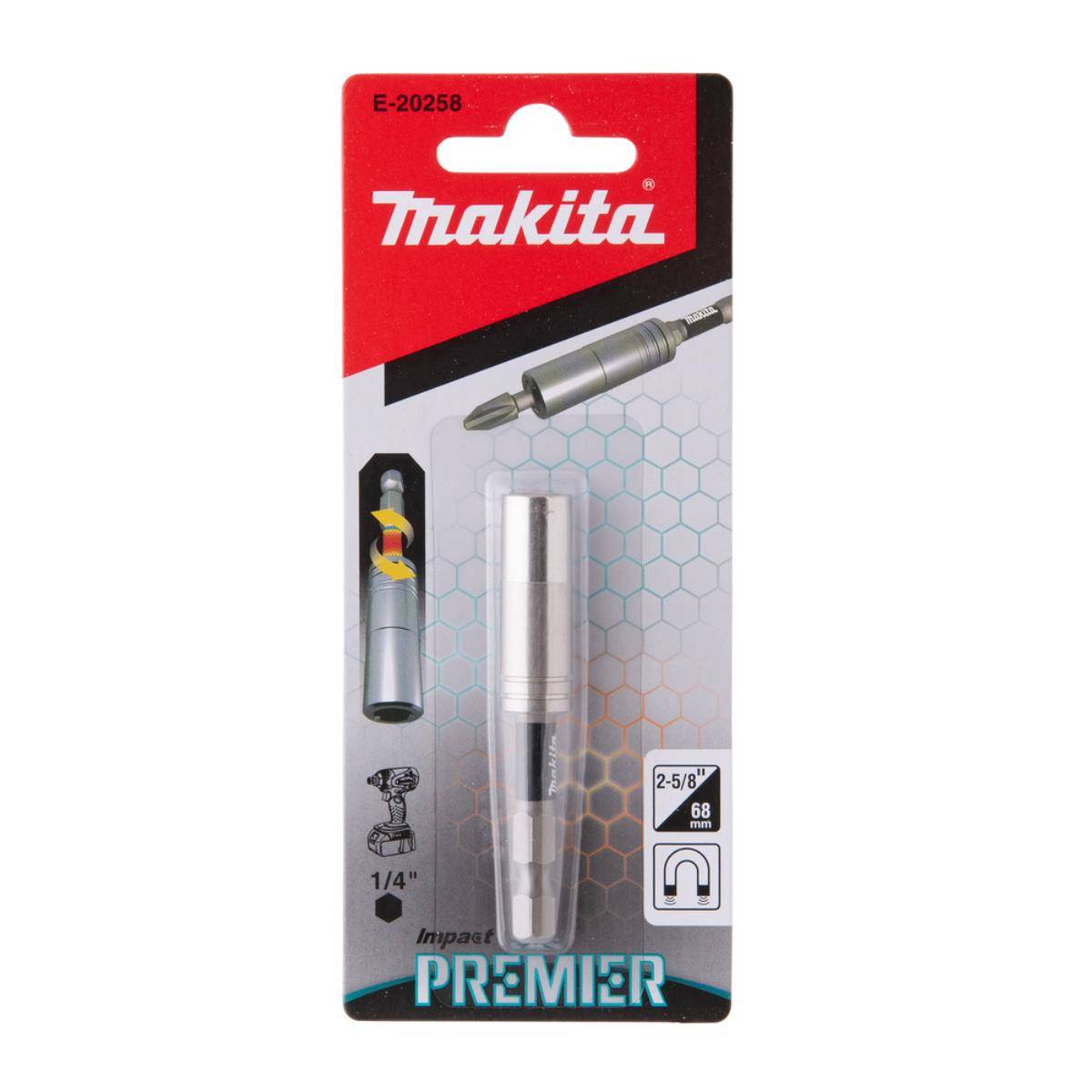 Makita Premier Schlagschrauber-Bithalter in Einzelhandelsverpackung, beschriftet mit „E-20258" und „2-5/8 in"", für 1/4-Zoll-Bits.
