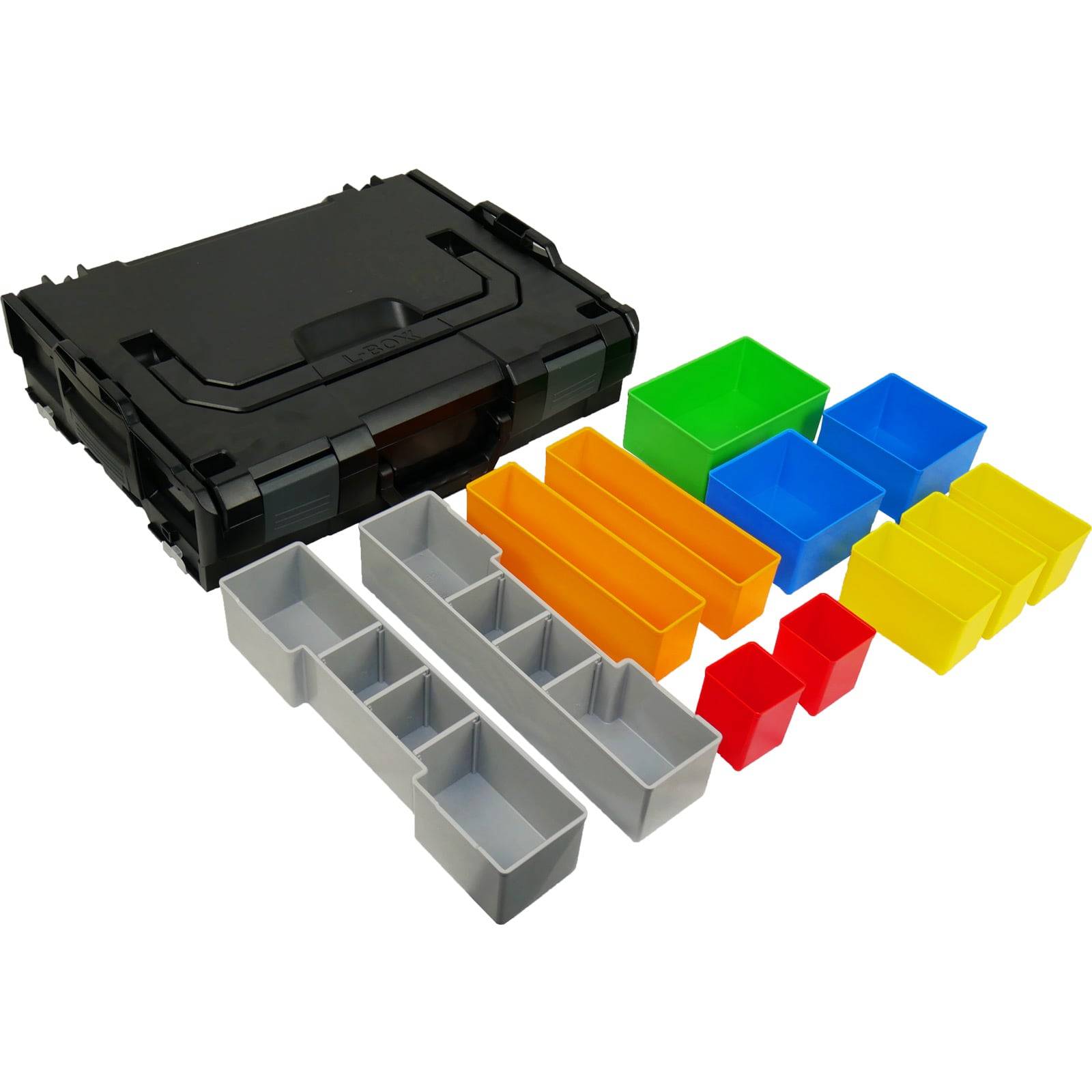 Eine schwarze Kunststoff-Aufbewahrungsbox mit offenen Fächern in verschiedenen Farben: grau, orange, grün, blau, rot, zur Organisation von kleinen Gegenständen.
