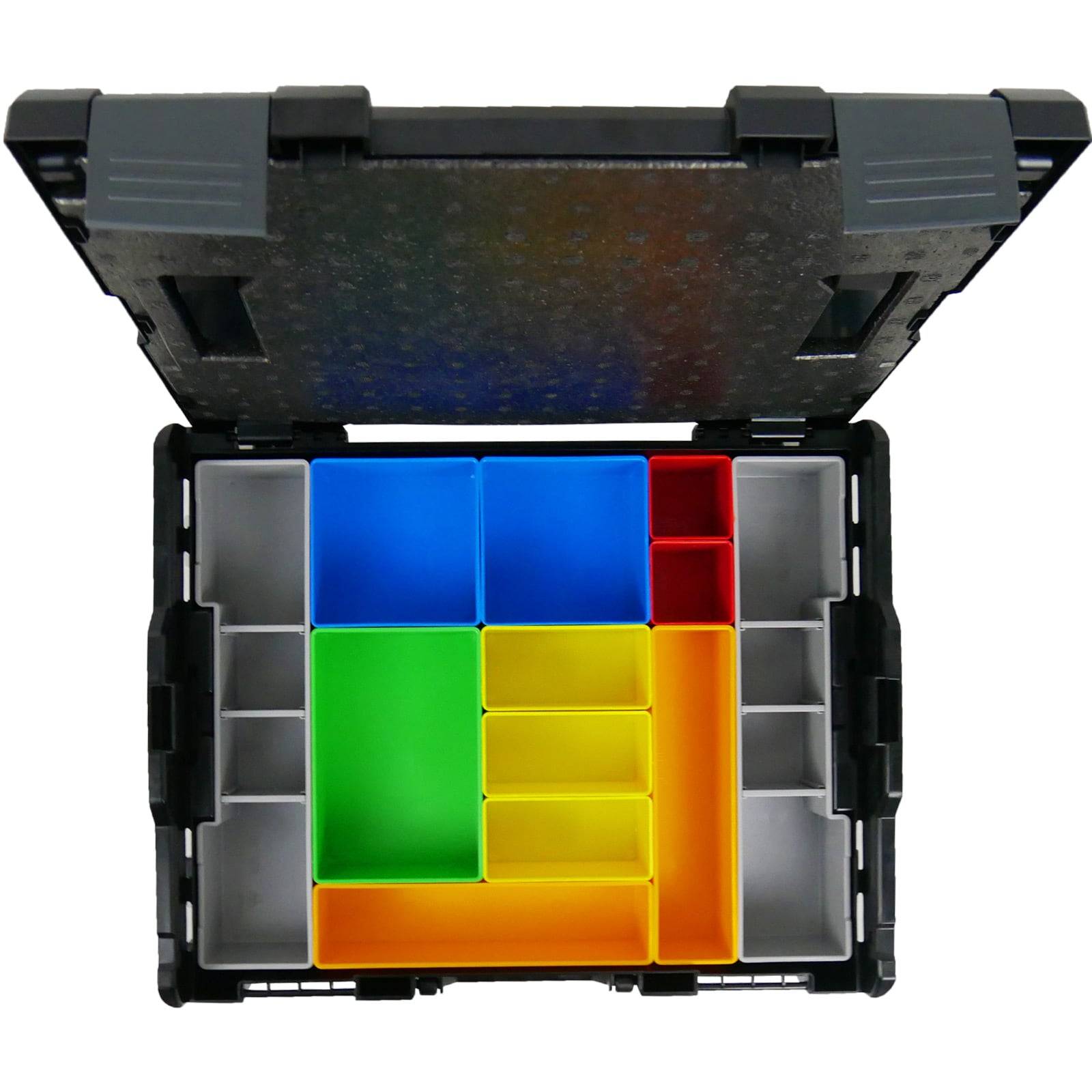 Eine offene schwarze Aufbewahrungsbox mit unterteilten Fächern, die farbenfrohe rechteckige Tabletts in Blau, Grün, Gelb, Rot und Grau enthält.