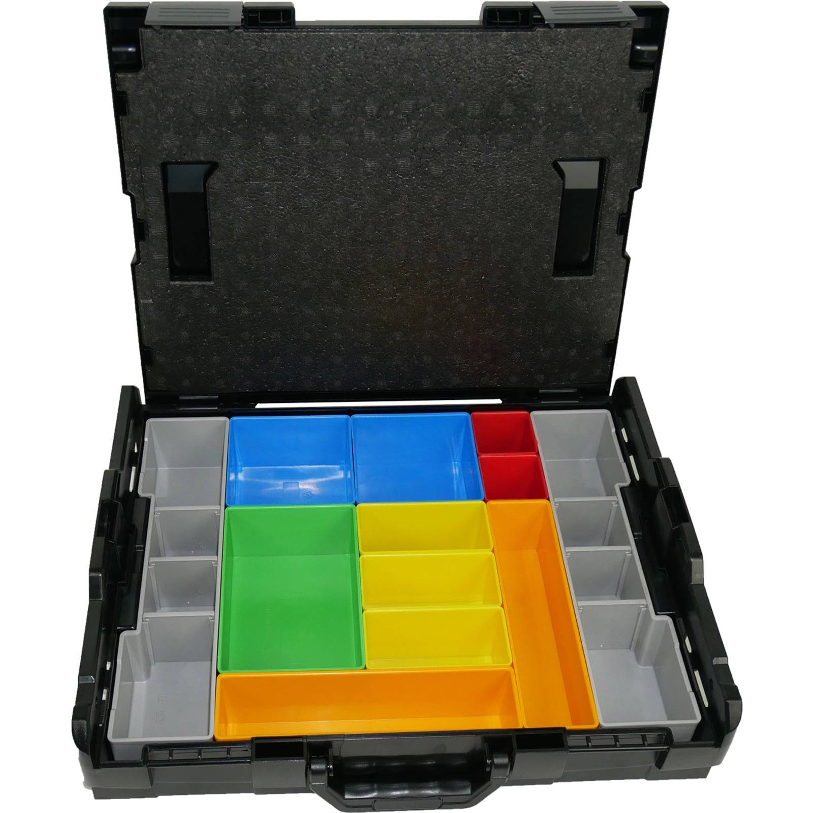 Eine schwarze Aufbewahrungsbox mit offenem Deckel, die bunte Plastikfächer in verschiedenen Größen und Farben enthält, um kleine Gegenstände zu organisieren.