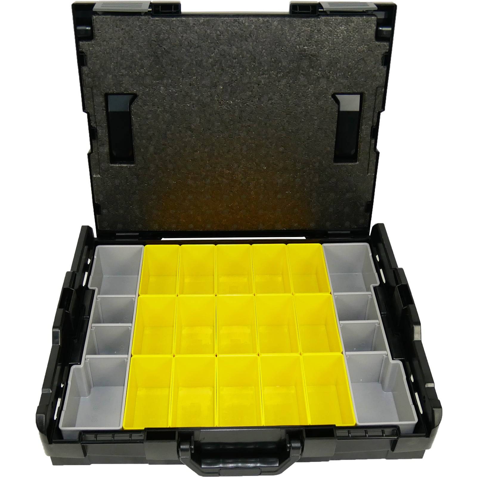 Öffne schwarze Werkzeugbox mit mehreren gelben Fächern im Innenbereich, in einem Raster angeordnet, verwendet zur Organisation kleiner Gegenstände.
