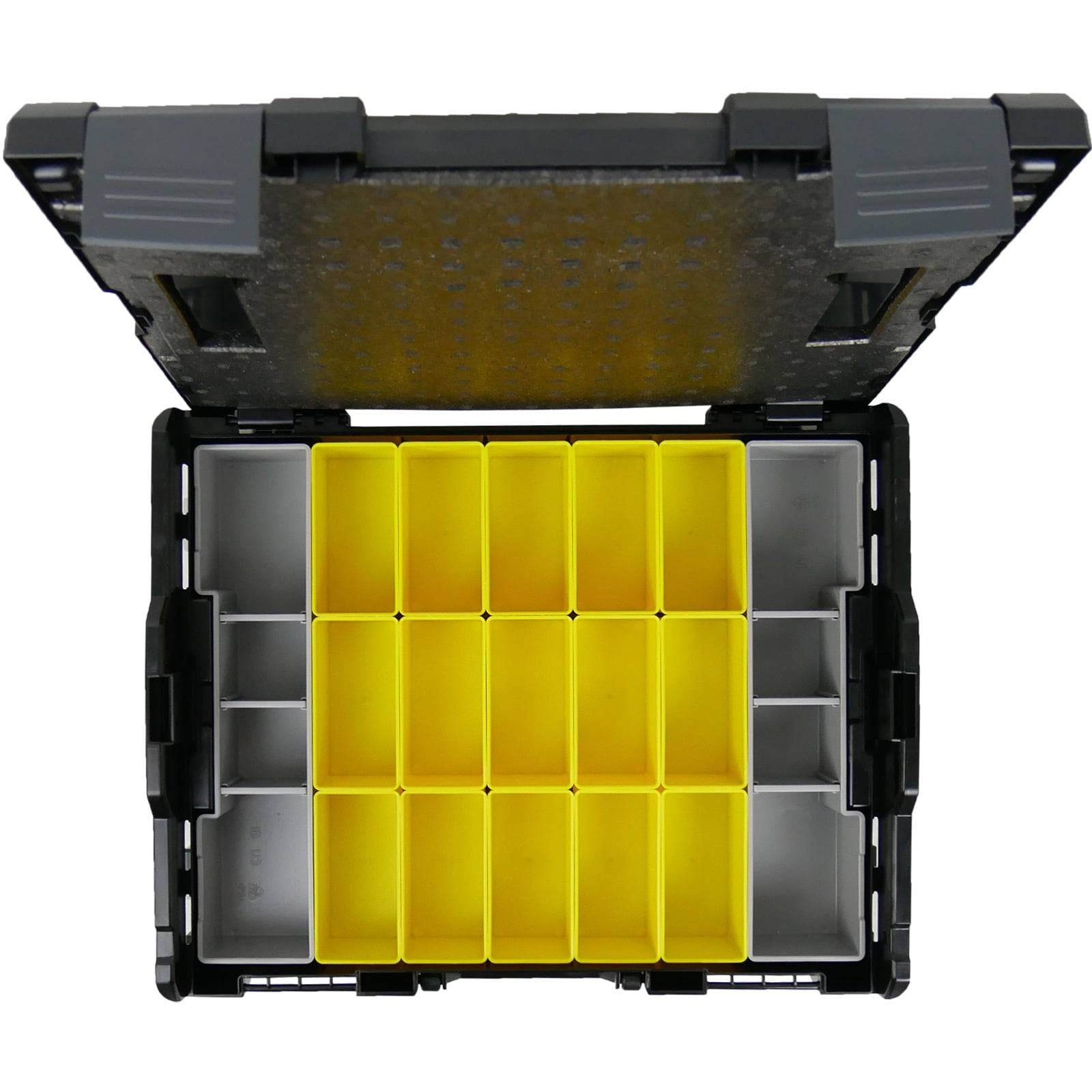 Eine offene schwarze Plastik-Werkzeugbox mit mehreren Fächern, die mit herausnehmbaren gelben Trennwänden in einem Gittermuster ausgestattet sind.