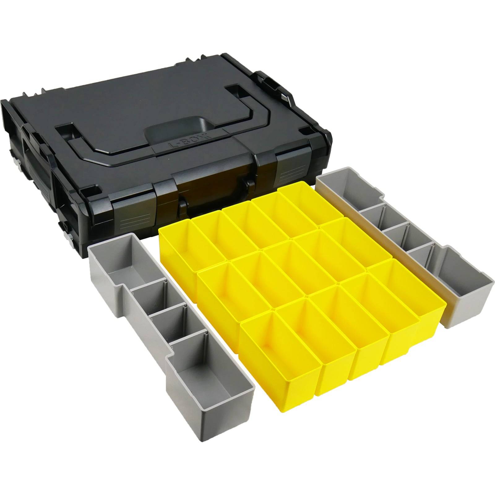 Eine schwarze Werkzeugaufbewahrungsbox mit Griff, ausgestattet mit einem Satz herausnehmbarer gelber und grauer Fächer zur Organisation verschiedener Kleinteile.