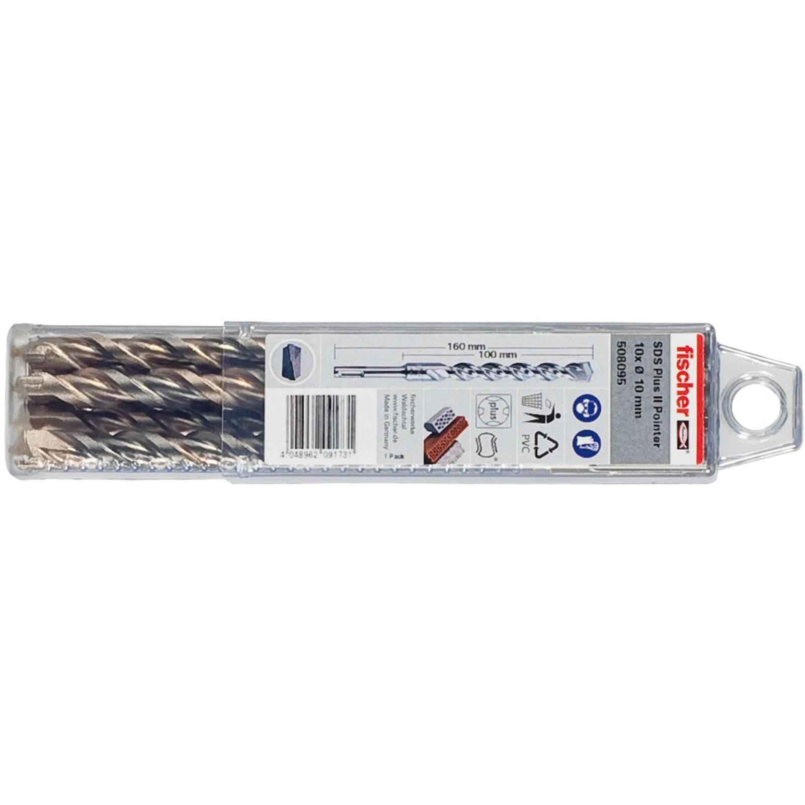Ein Paket mit sechs Fischer SDS-Bohrern. Das Etikett zeigt Größen von 125 mm bis 160 mm, geeignet für Beton und Ziegel.