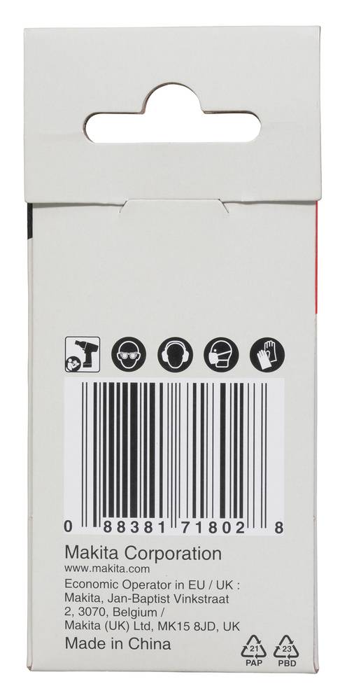 Vorderseite einer Produktverpackung der Makita Corporation mit Handlingssymbolen, Barcode, Modellnummer und Kennzeichnung „Made in China".