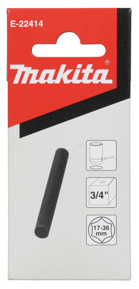 Makita E-22414 Werkzeugzubehörpaket mit einem schwarzen zylindrischen Bit, beschriftet mit 3/4 Zoll und 17-36 mm.