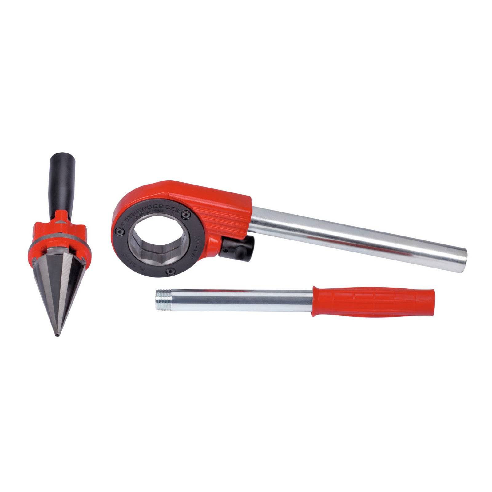 Ein rot-silbernes, verstellbares Rohentgratungsset, bestehend aus einem konischen Entgrater, einem Ratschengriff und einer Verlängerungsstange, verwendet für Metallbearbeitung.