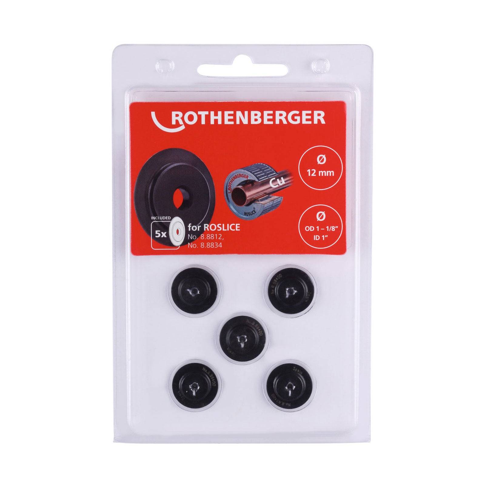 ROTHENBERGER ROSLICE Roller-Satz mit fünf schwarzen Rollen zum Rohrabschneiden. Verpackung zeigt Teilenummern und kompatible Rohrdurchmesser.