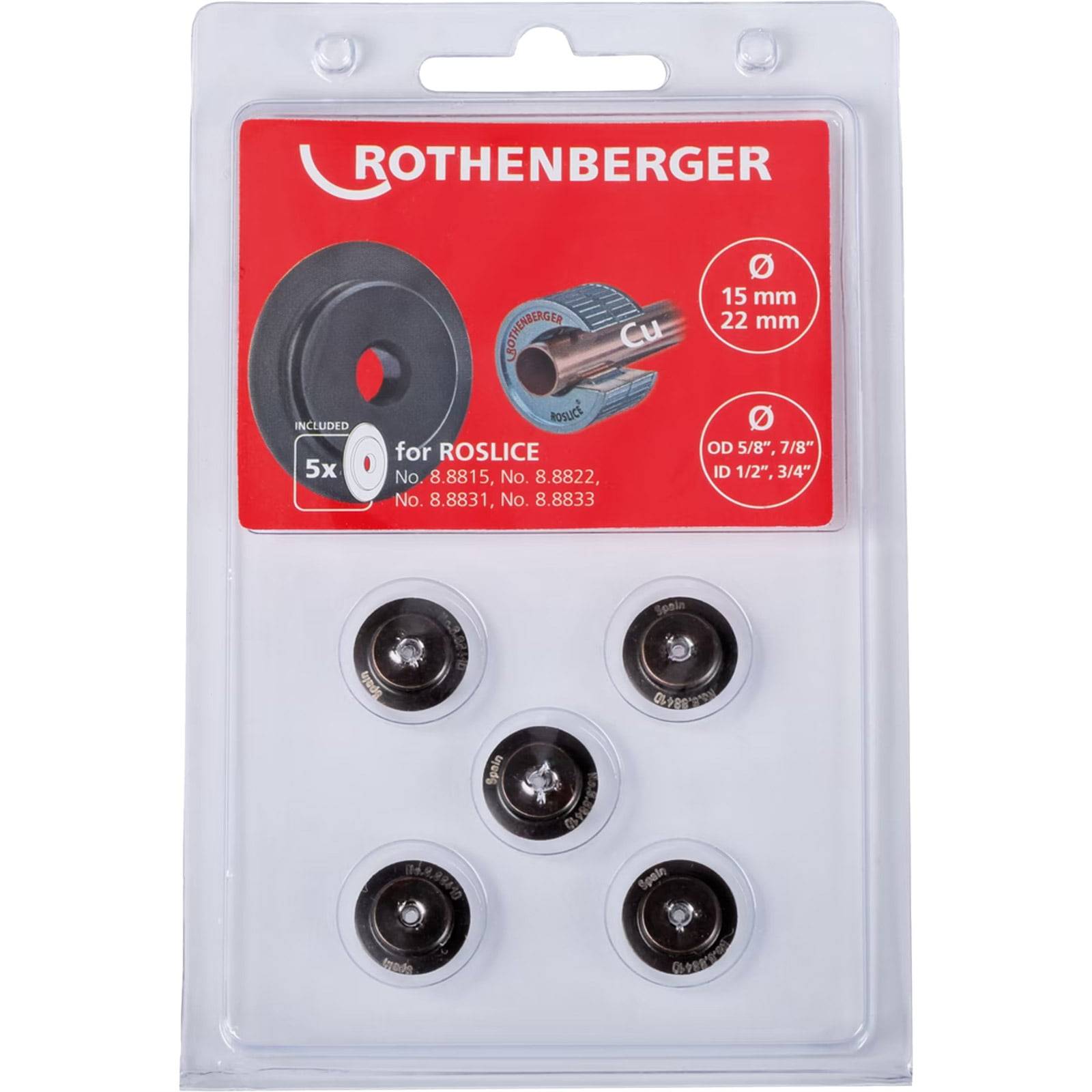 ROTHENBERGER-Packung mit fünf Schneidrädern für ROSLICE-Rohrschneiden, passend für Größen von 15 mm bis 22 mm und geeignet für 7/8