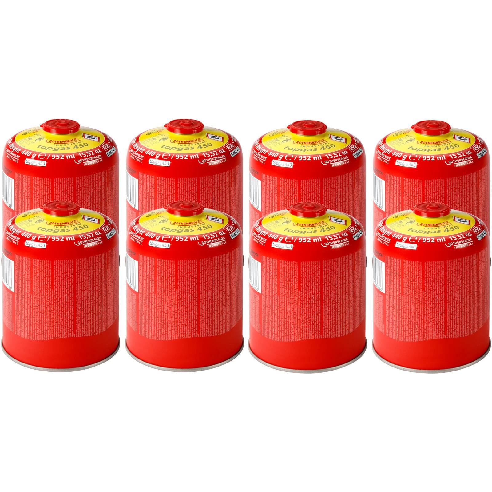 Sechs rote Gaskanister mit gelben Deckeln sind in zwei Reihen mit je drei Kanisters angeordnet. Die Etiketten auf den Kanisters sind nicht lesbar.