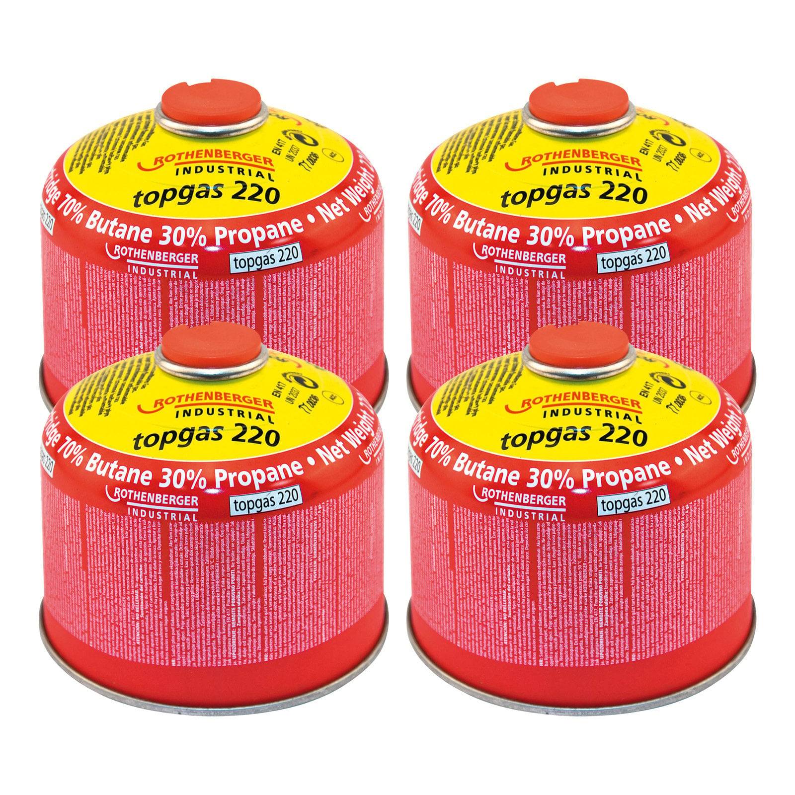 Vier rote und gelbe Gaskanister mit der Bezeichnung 'Rothenberger Industrial topgas 220', die 70% Butan und 30% Propan enthalten.