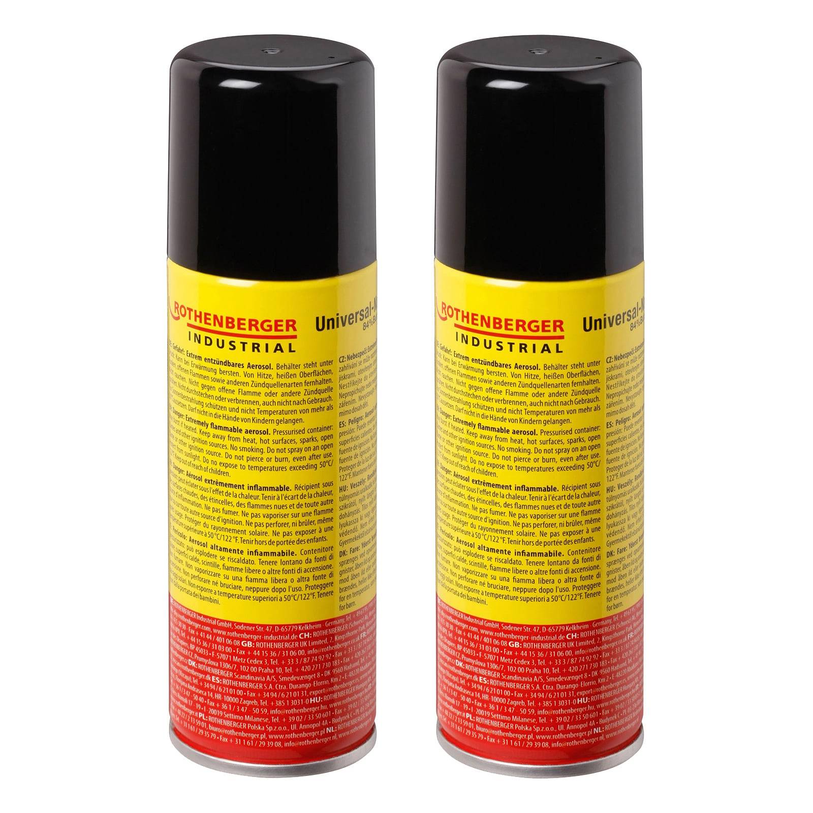 Zwei Dosen des Rothenberger Industrial Universalsprays vor weißem Hintergrund, mit gelben Etiketten und Produktinformationen sowie schwarzen Verschlusskappen.
