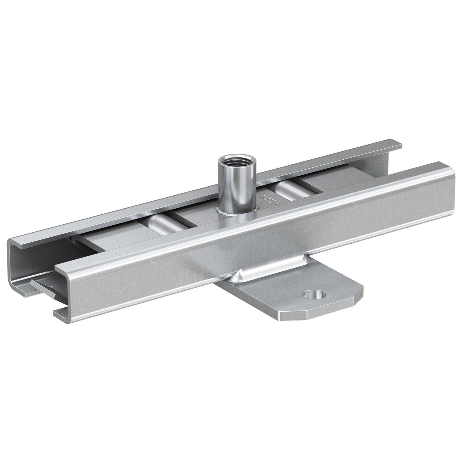 Eine Metallhalterung mit einem zentralen Gewindeloch, konzipiert für Montage- oder Befestigungszwecke, mit einer flachen Basis und einer Schienenkonstruktion.