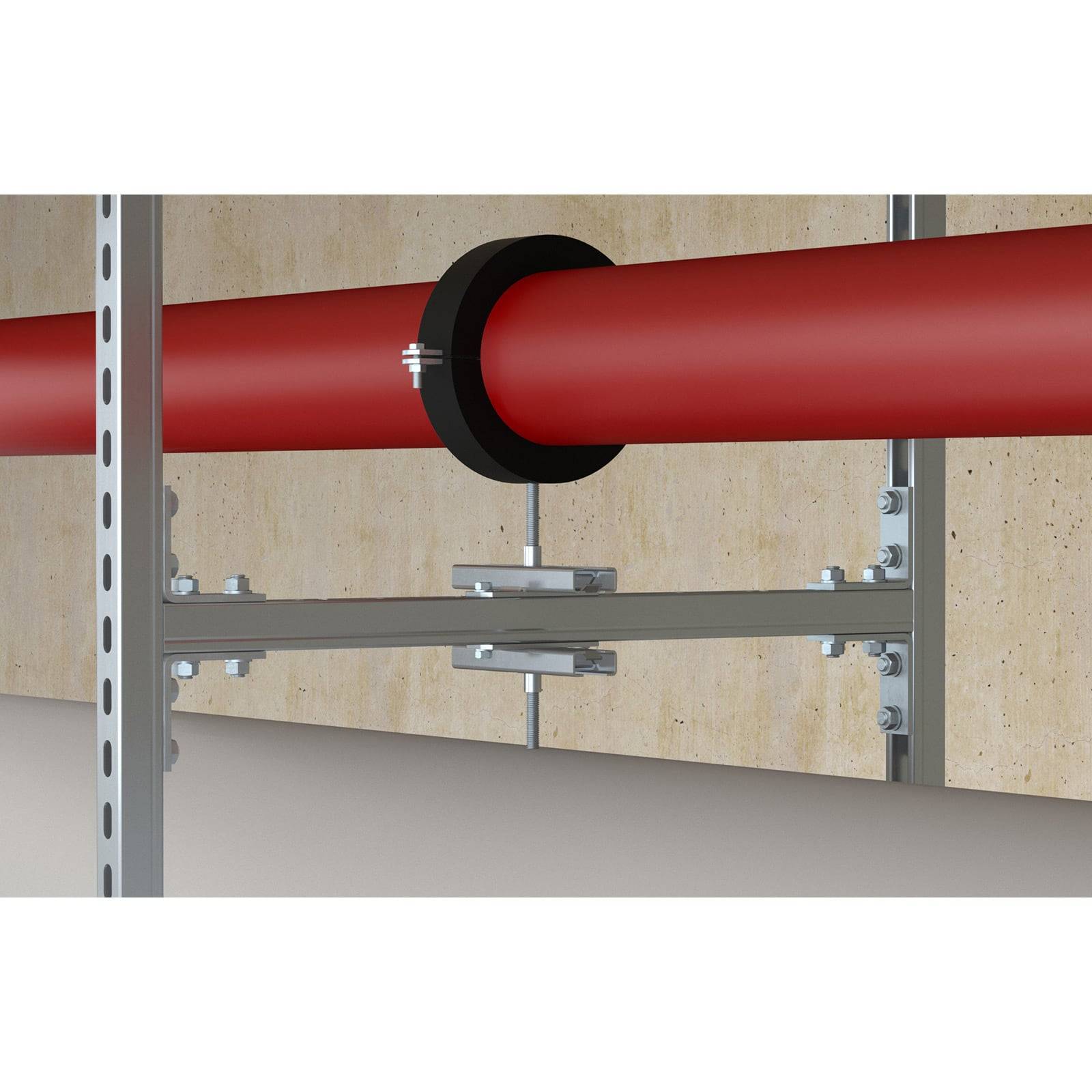 Eine rote Rohrleitung ist mit einer schwarzen Schelle gesichert und an einer Metallstützstruktur an einer beigen Wand montiert.