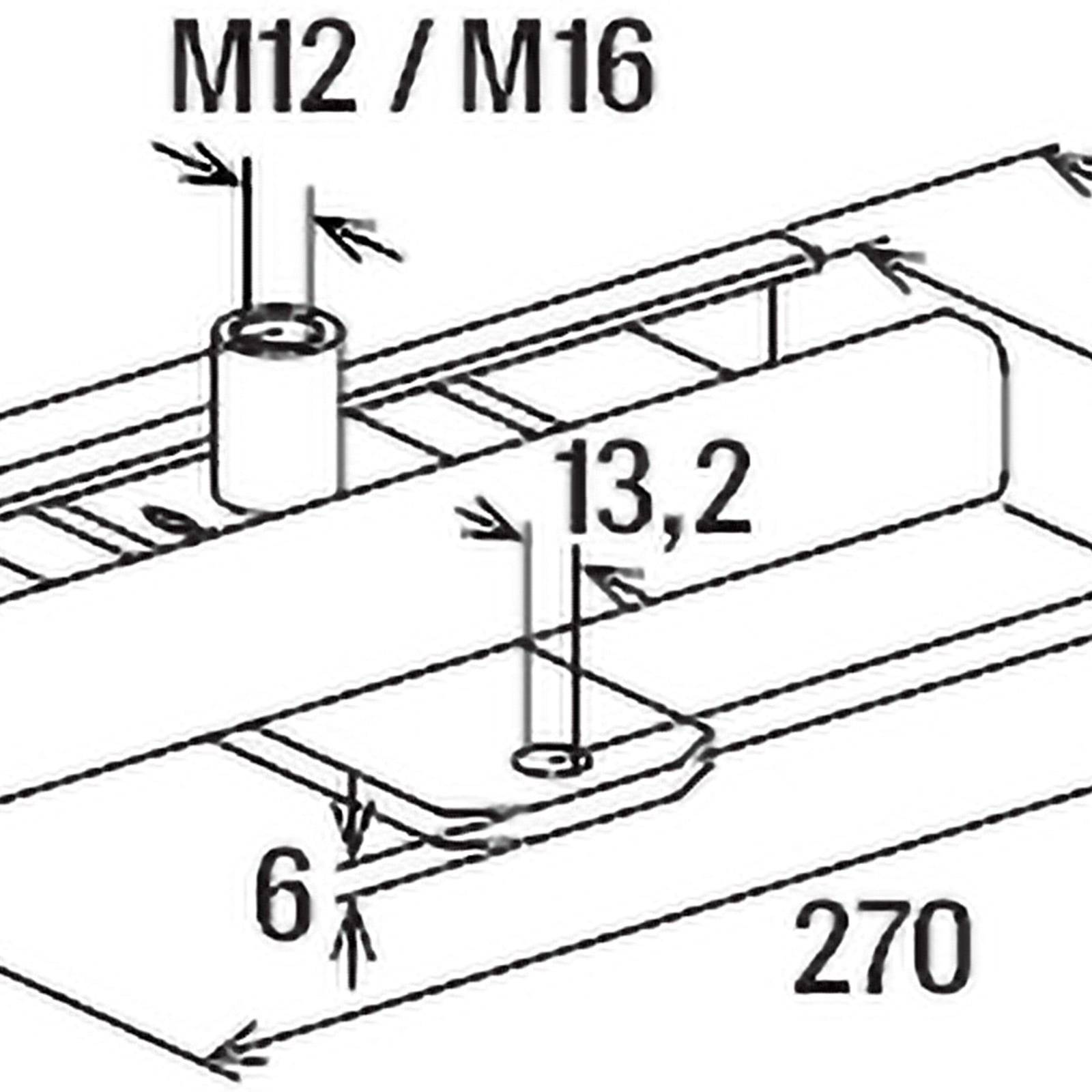 Technische Zeichnung mit Maßangaben: Bolzengröße M12/M16, Breite 13,2, Höhe 6, Gesamtlänge 270.
