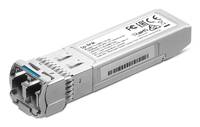 Faseroptisches Transceiver-Modul mit Metallgehäuse und dualen Frontanschlüssen, in Perspektivansicht auf weißem Hintergrund dargestellt.