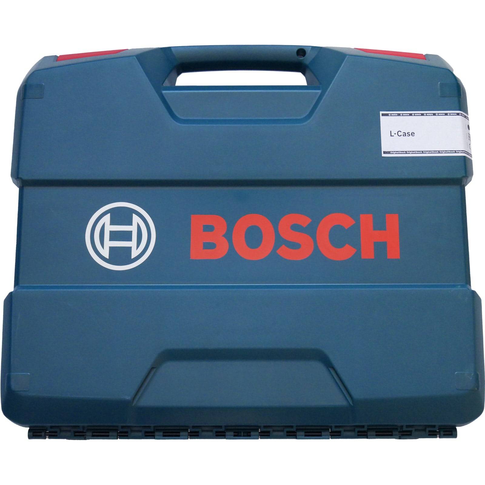 Ein blauer BOSCH Werkzeugkoffer mit Tragegriff und einer Beschriftung 'L-Case' in der oberen rechten Ecke. Der Koffer ist geschlossen.