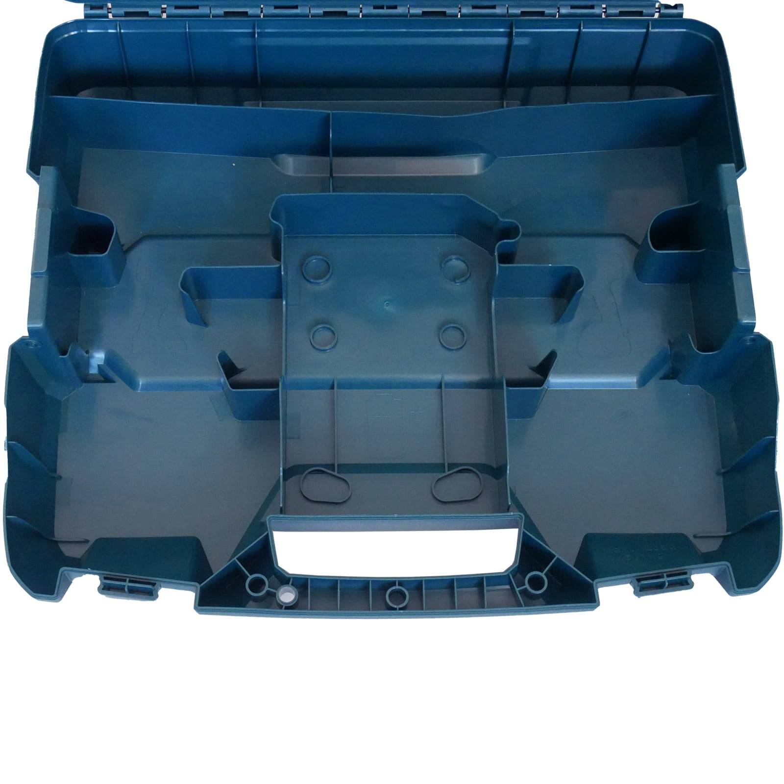 Leere blaue Kunststoff-Werkzeugbox mit mehreren Fächern, konzipiert zum Organisieren und Aufbewahren verschiedener kleiner Werkzeuge und Zubehörteile.