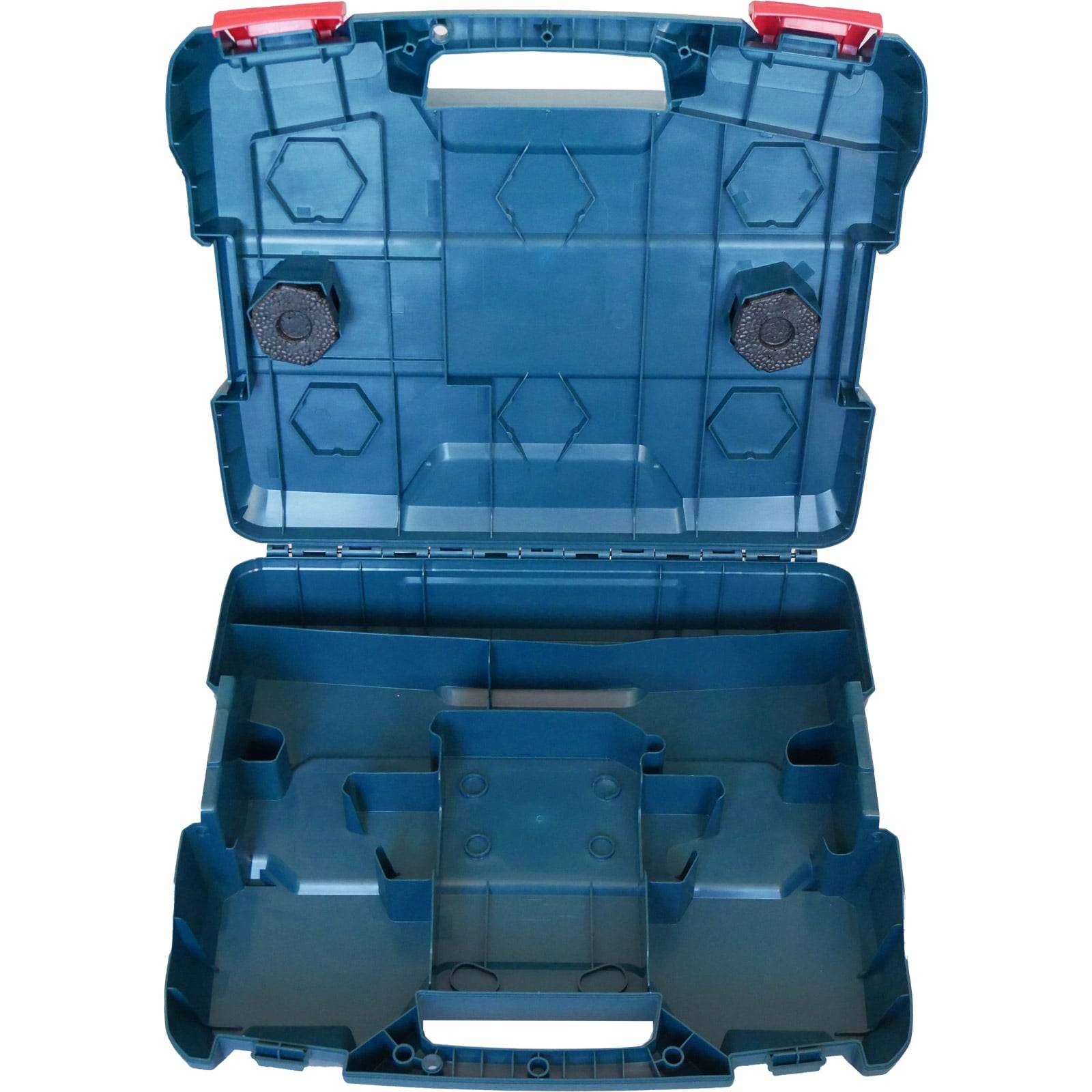 Eine offene, leere blaue Kunststoff-Werkzeugbox mit Griff und Fächern zur Werkzeugorganisation.