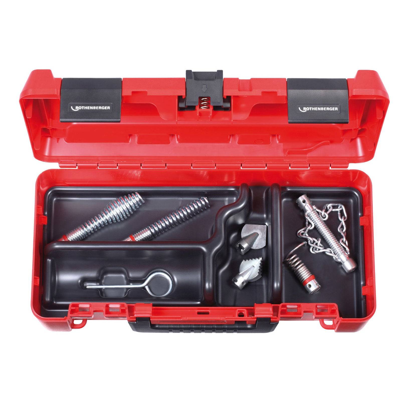 Roter Werkzeugkasten geöffnet mit verschiedenen Klempnerwerkzeugen im Inneren, einschließlich Federn, Schneidköpfen und Ketten, in segmentierten Fächern organisiert.
