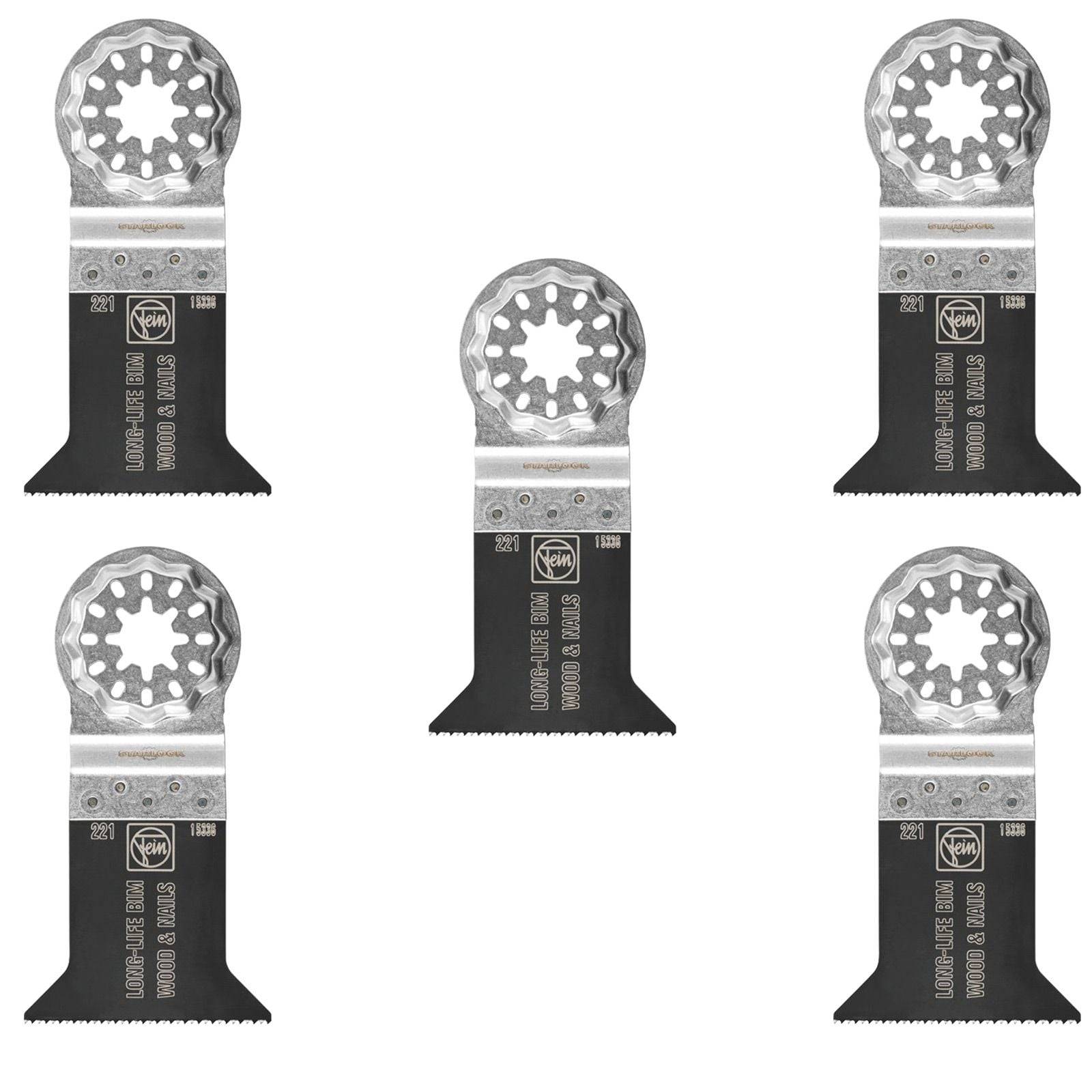 Fünf identische silberne und schwarze Multitools-Klingen, die in einer quadratischen Formation angeordnet sind und für Schnitt- und Präzisionsarbeiten konzipiert sind.