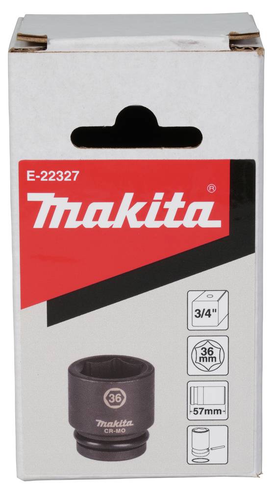 Makita E-22327 3/4-Zoll-Schlagschraubernuss, 36 mm, 57 mm lang, shown in product packaging.