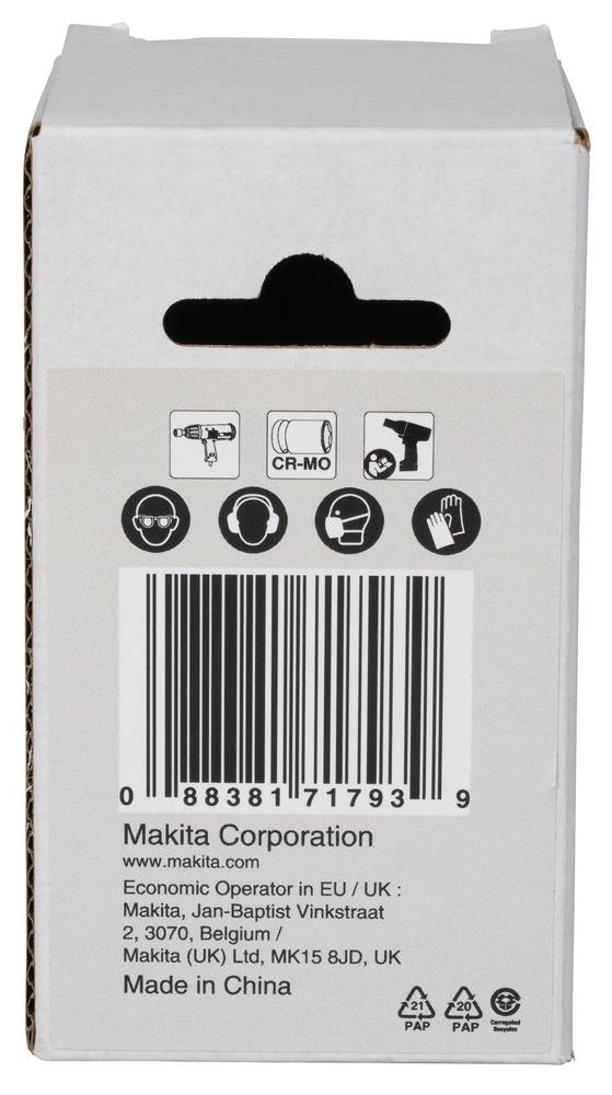 Weiße Makita Corporation-Produktverpackung mit Barcode, Handhabungssymbolen, Unternehmenswebsite und „Made in China" auf der Vorderseite gedruckt.