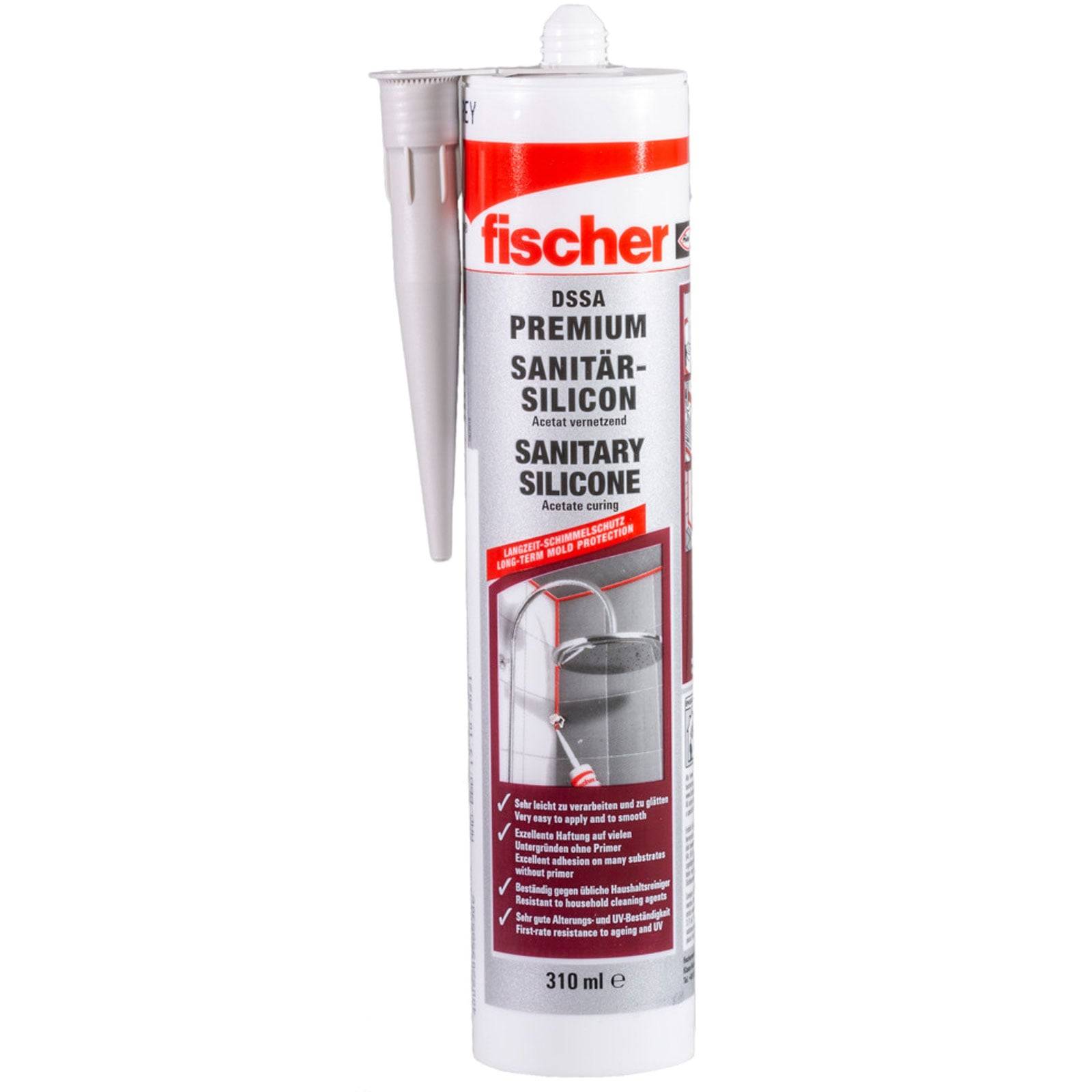 Eine Tube Fischer DSSA Premium Sanitär-Silikon mit Auftragsspitze, gekennzeichnet für Schimmelresistenz und Verwendung in feuchten Bereichen. 310 ml Fassungsvermögen.