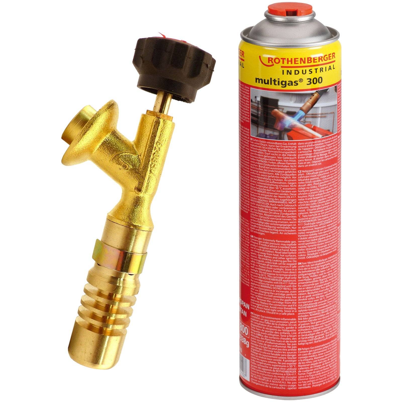Eine Gasflasche des 'Rothenberger Industrial multigas 300' mit einem Messingbrenner-Aufsatz, verwendet für Tätigkeiten wie Löten oder Erhitzen.