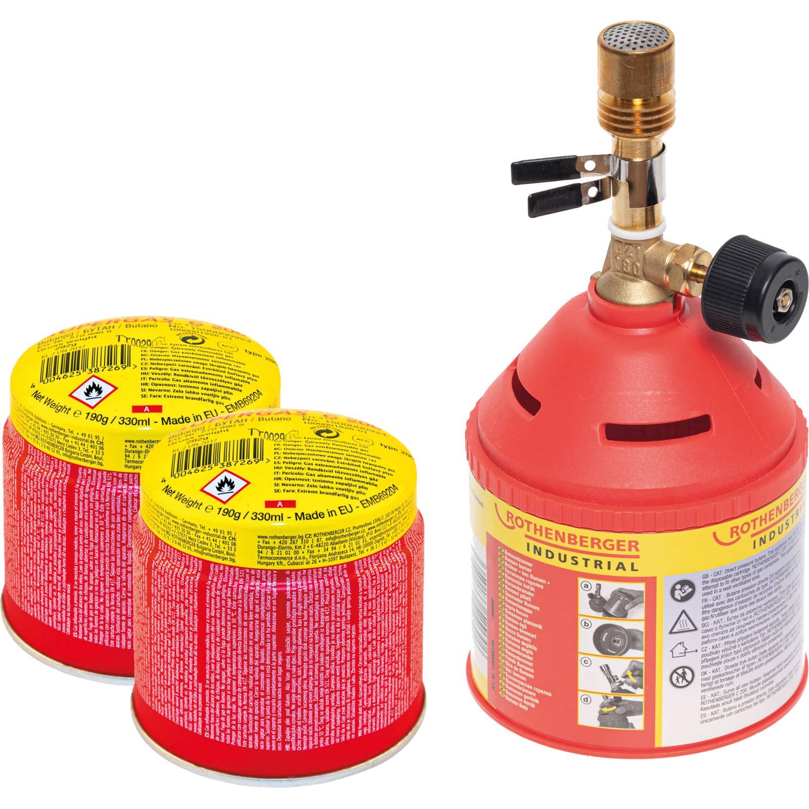 Drei rote Propanflaschen, zwei mit gelben Gefahrenetiketten, eine mit angeschlossenem Brenner. Text: Rothenberger Industrial.