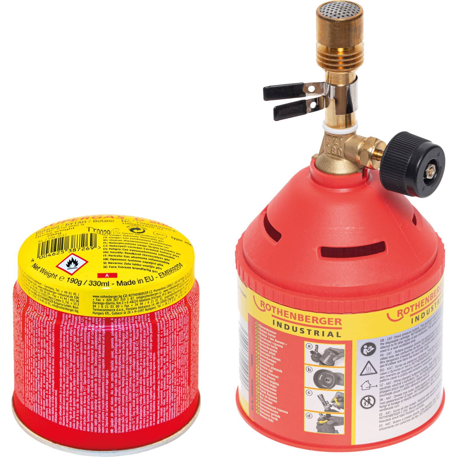 Rothenberger Industrial Lötbrenner und Gaskartusche mit Sicherheitshinweisen und Düsendetails.