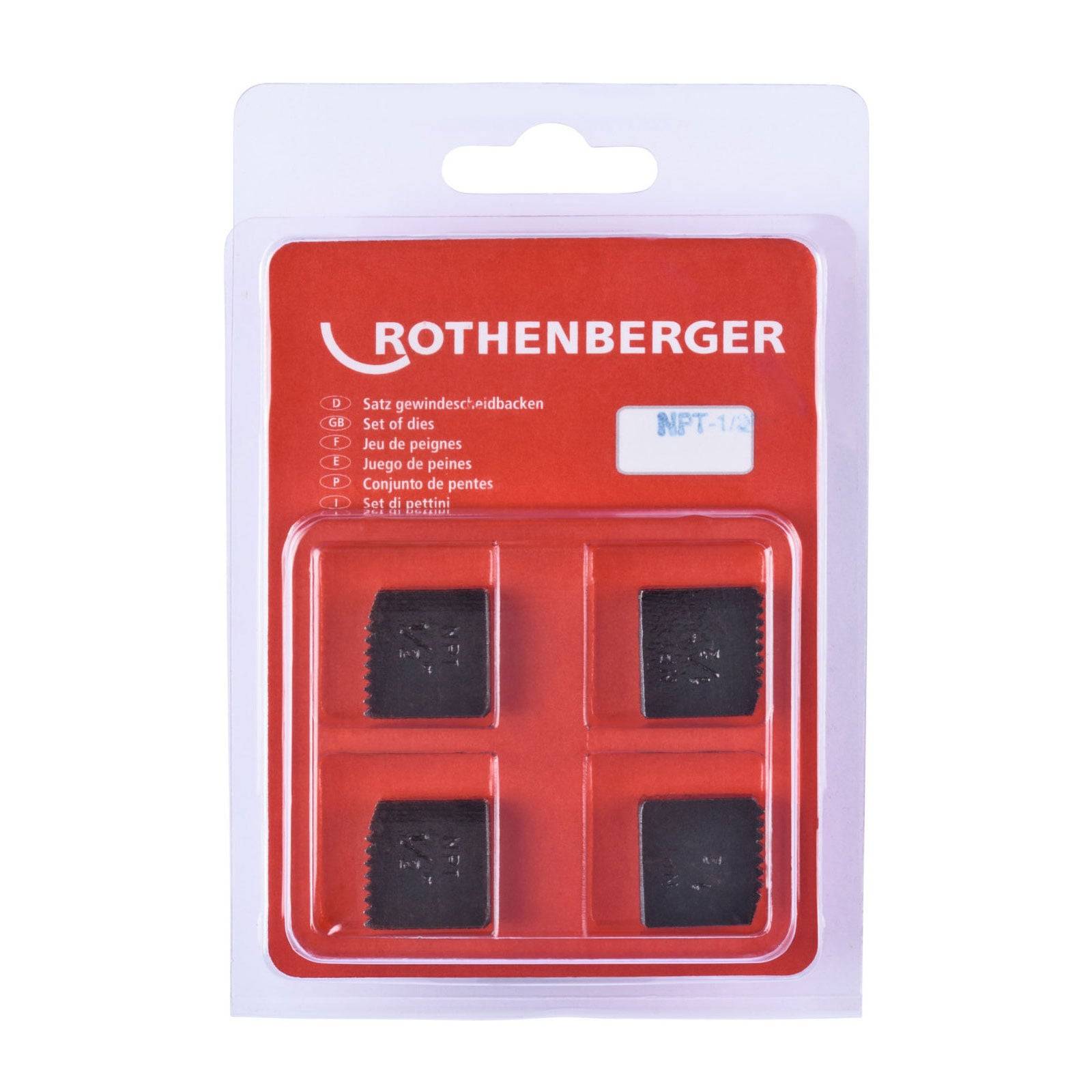 ROTHENBERGER NPT-1/2' Backenset in roter Verpackung mit vier sichtbaren Teilen, entwickelt für Gewindeschneiden von Rohren.