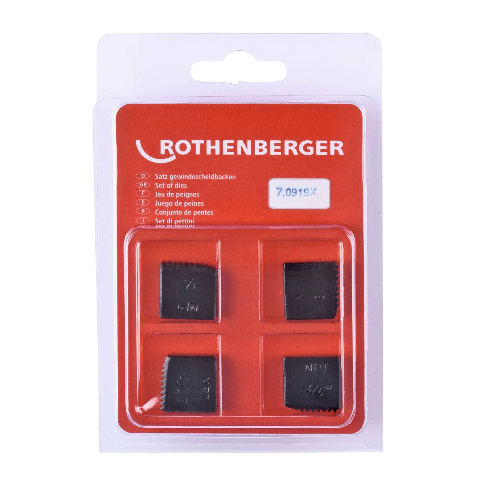 Ein von 'ROTHENBERGER' markiertes Set von vier runden Gewindeschneideisen in einer roten Blisterverpackung, wobei jedes Gewindeschneideisen mit sichtbaren Größennummern versehen ist.
