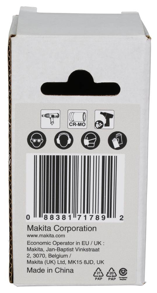 Rückseite einer Makita-Produktbox mit Griffsymbolen, Barcode und Herstellertext mit „Makita Corporation
